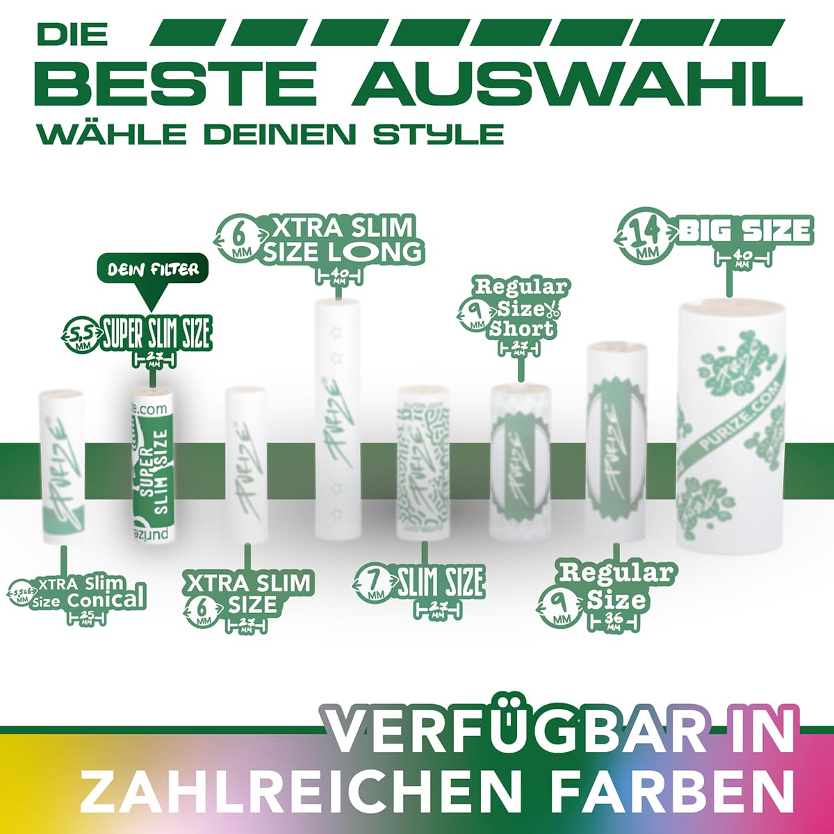 PURIZE® SUPER Slim Size Aktivkohlefilter ø 5,5 mm – 500er Pack - Weiß | Aktivkohle auf Kokosnuss-Basis, extraschlankes Design, Keramikkappen beidseitig, wiederverschließbar, Made in Germany