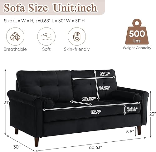 Miniatura 2 de JEEOHEY Sofá pequeño de 60 pulgadas, moderno sofá de dos plazas tapizado de terciopelo de mediados de siglo para espacios pequeños, sala de estar,