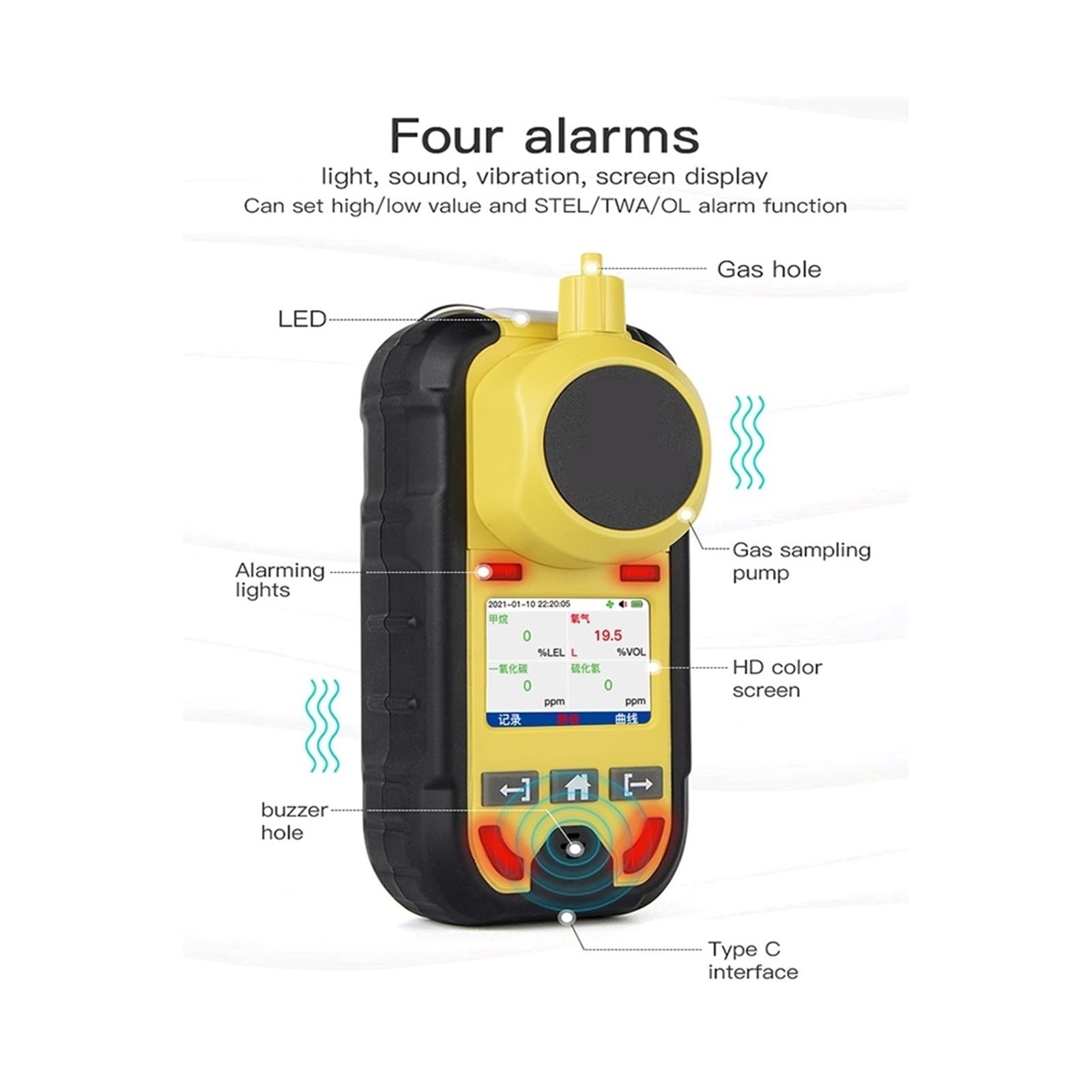Rilevatore di gas portatile a pompa con display LCD, analizzatore multigas combustibile 4 in 1 for casa e camper Date in tempo reale(EX)