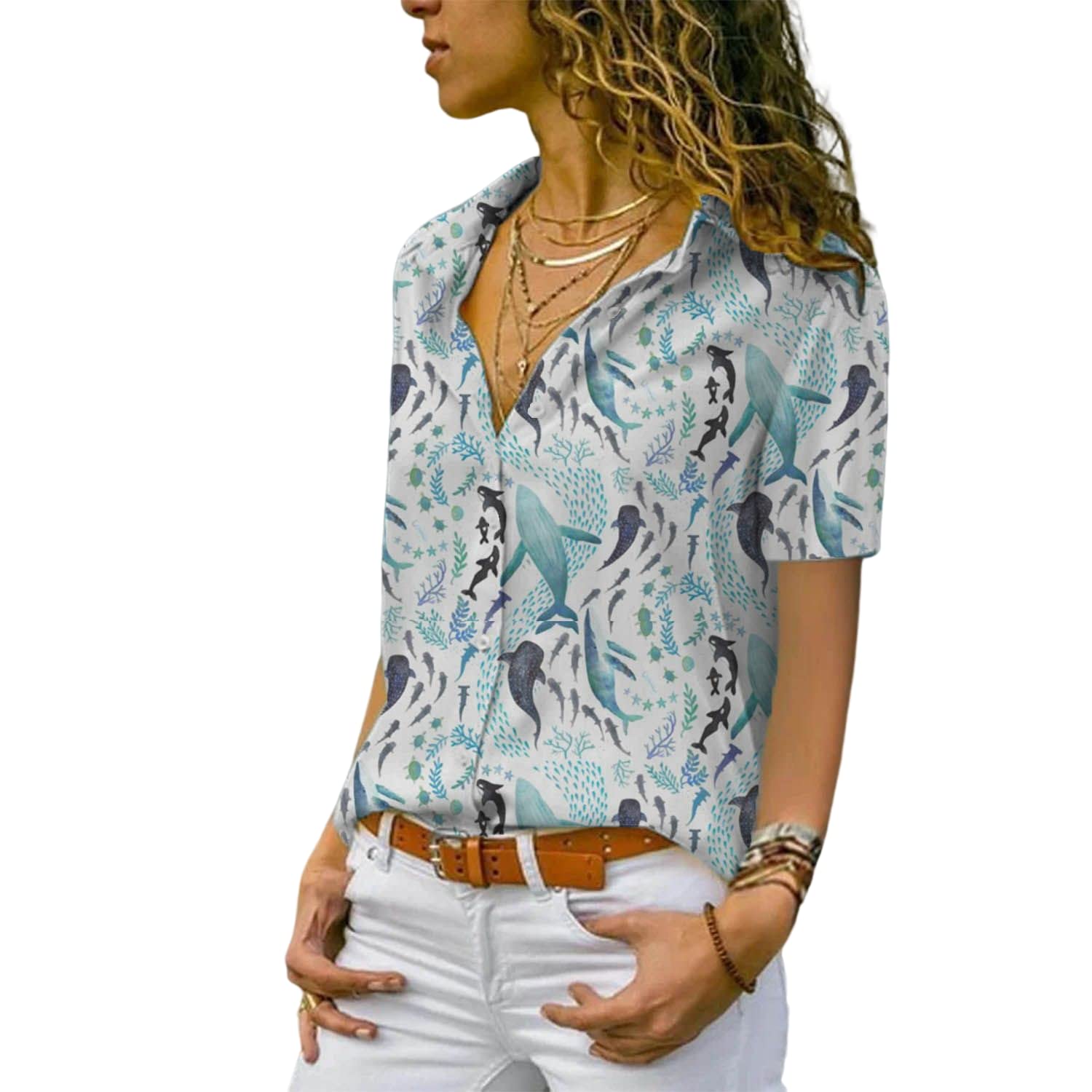lomaiiest Short Sleeve Floral Tops for Women Summer Flower Printed V Neck Tshirts Button Down Tops Dressy Casual