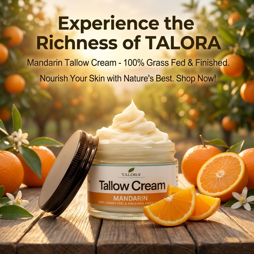 Tallow Cream: Mandarin | 100% Grass-Fed & Finished Beef Suet Tallow Moisturizer with Organic Jojoba Oil | Deeply Nourishing | All-Natural Skin Cream for Dry & Sensitive Skin (2oz)