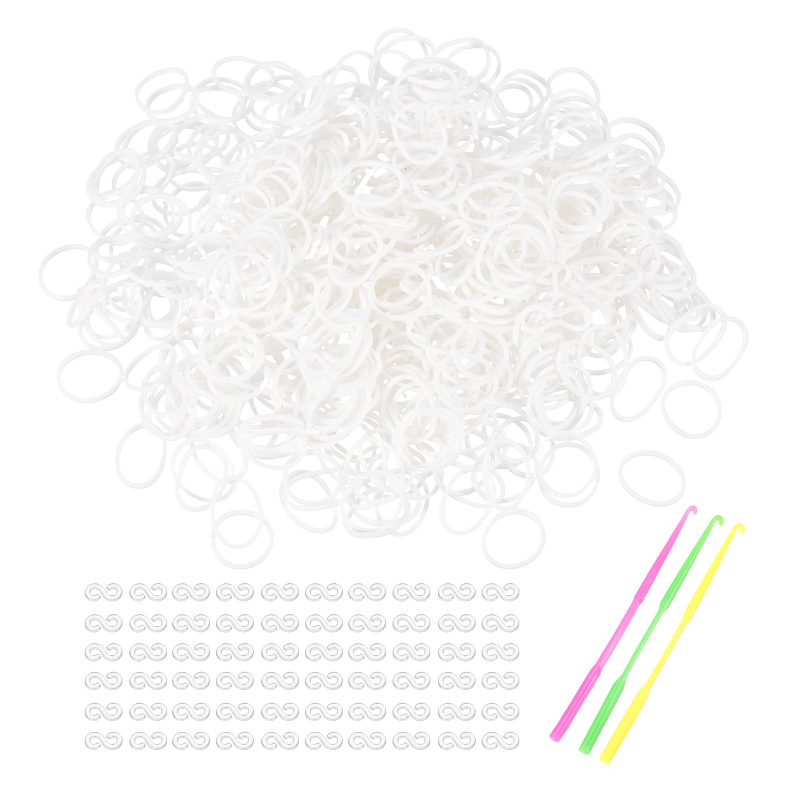 sourcing map 1800 Pcs Loom Rubber Bands Kit with 75 Pcs S-Clips 3-Hooks Rubber Bands Refill Bracelet Making Kits for Weaving DIY Handcrafts Gift, White