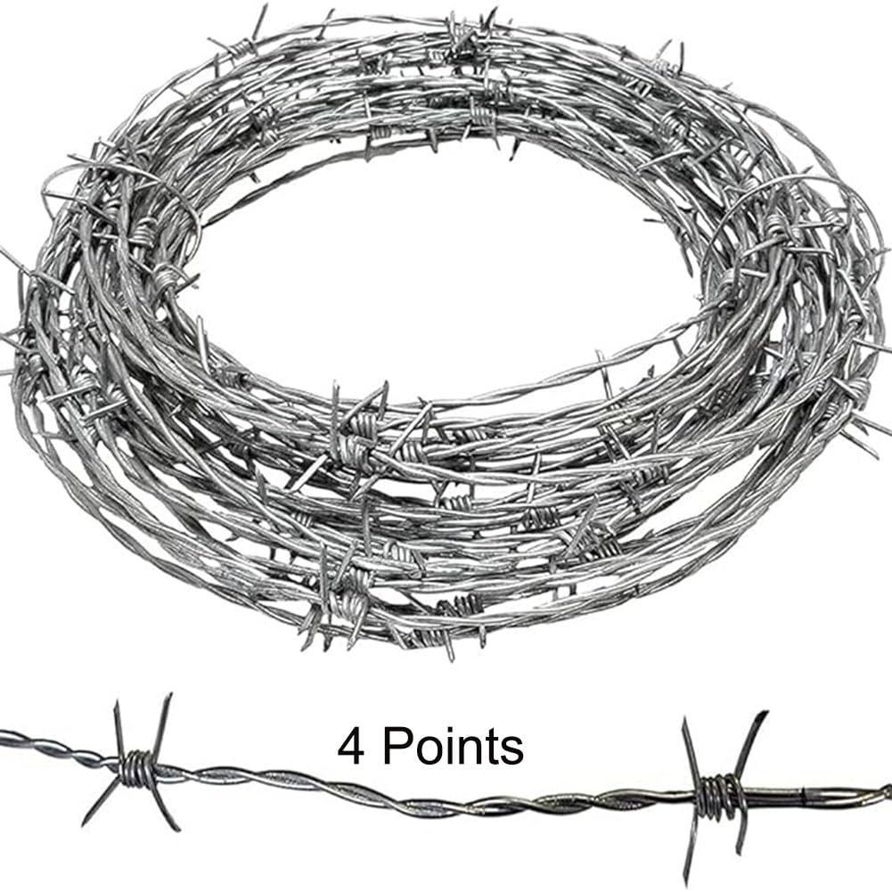 Rollos de Alambre de púas galvanizado: cercado de 100 Metros, Alambre de Acero de 4 Clavijas, Adecuado para cercas de jardín, protección de Animales y cercas Exteriores Flexibles.