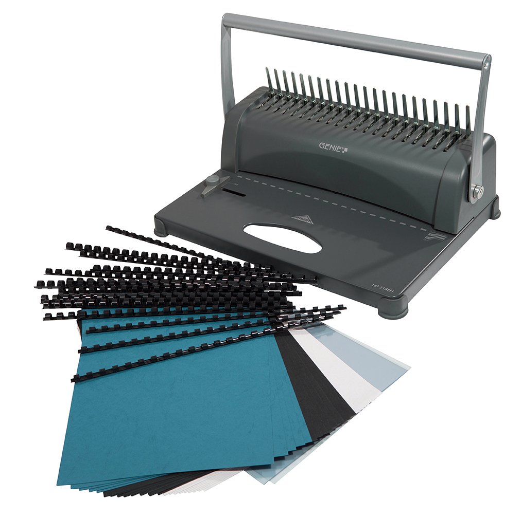 Genie CB 850 Spiralbindegerät (bis 350 Blatt, DIN A4, Inkl. 75-teiligem Starterset) silber/schwarz & Leitz 35042 Plastikbinderücken, A4, Kunststoff, 10 mm, 65 Blatt, 100 Stück, schwarz