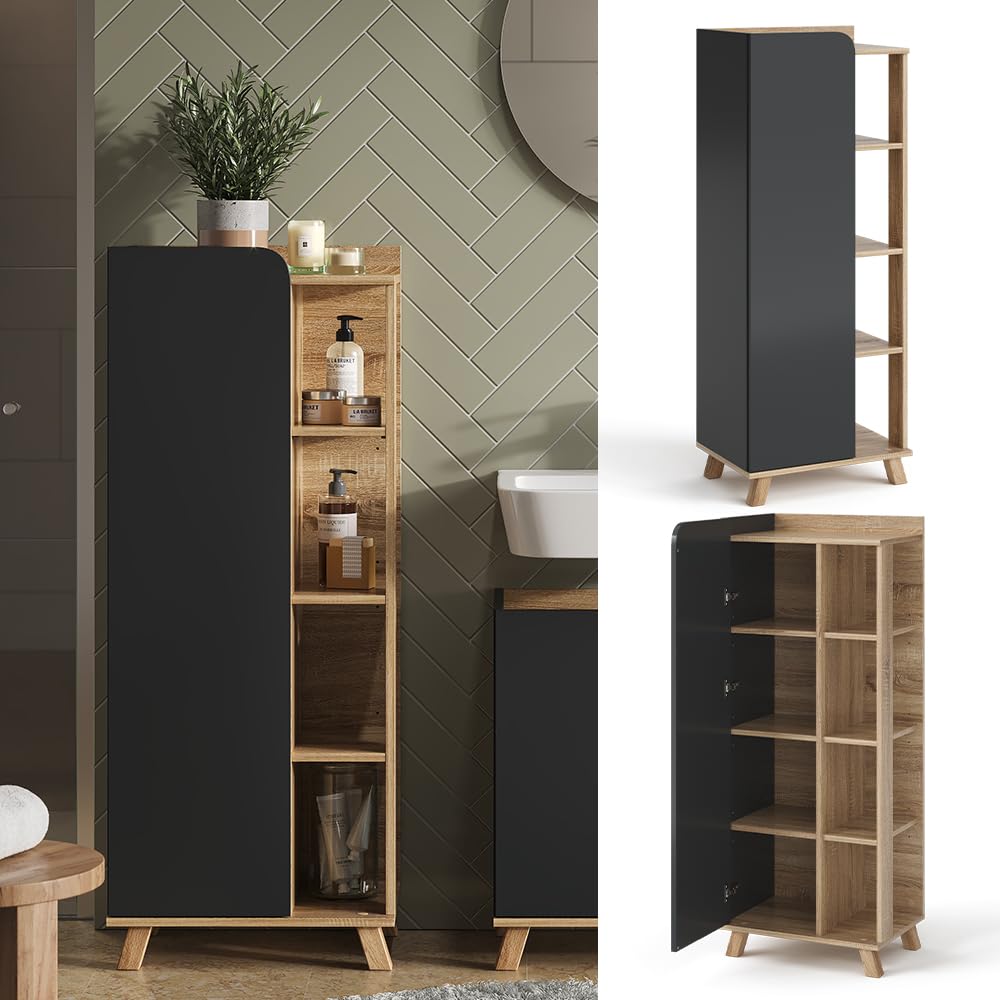 Vicco Mueble Midi Karen, Sonoma/Antracita, 50 x 128 cm con Puerta y Compartimentos Abiertos, para Guardar artículos de baño y Toallas