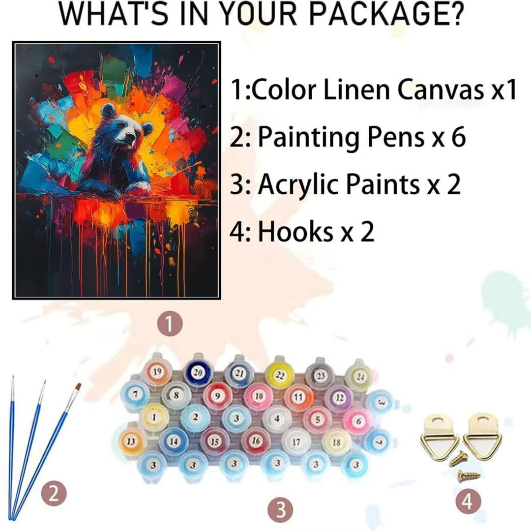 Kit de peinture par numéros pour adultes - Ours - Peinture par numéros - Kit de bricolage créatif - Kit de peinture par numéros - Toile pour enfants à partir de 6, 7, 8, 9, 10, 28 70x95 cm T-6