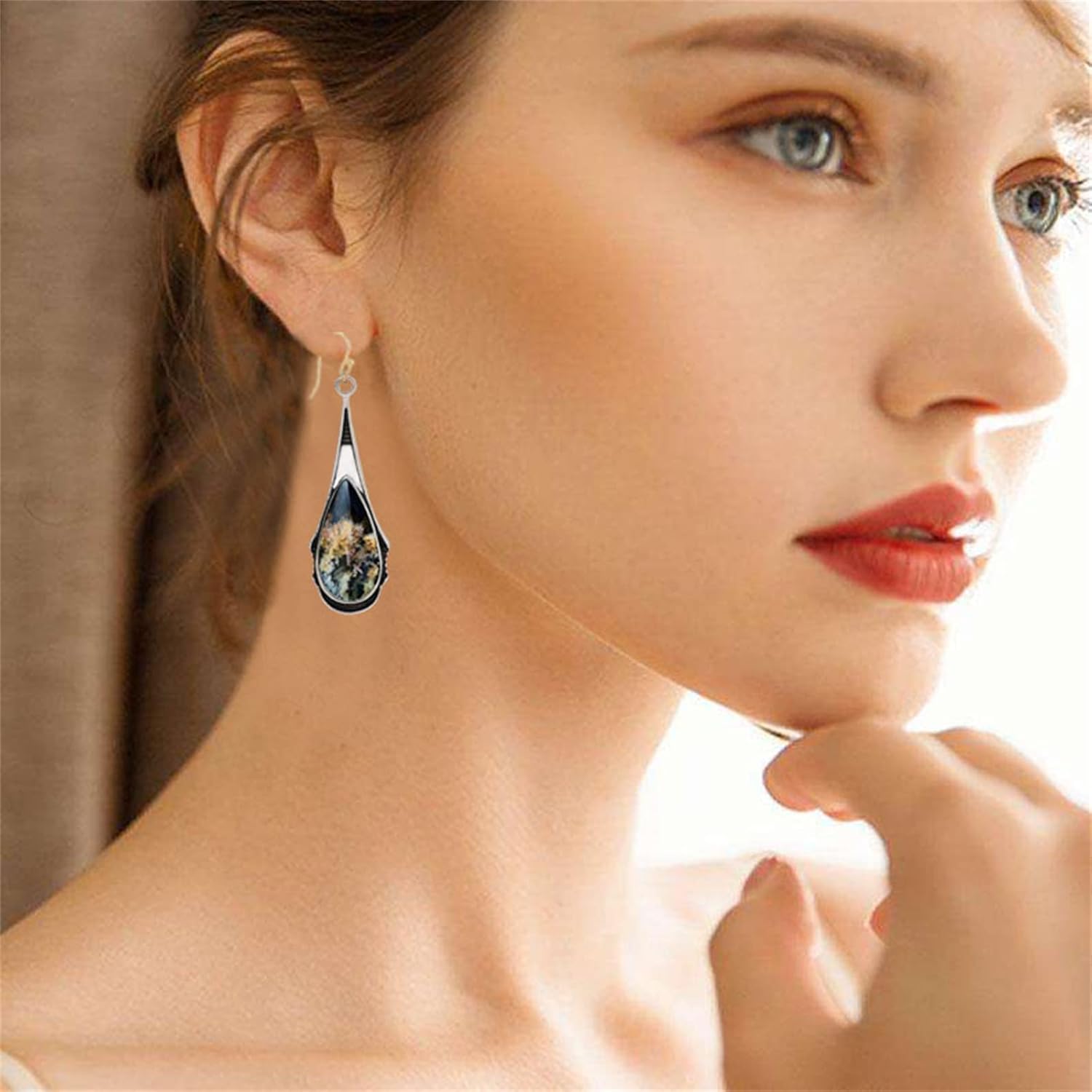 Handmade Vintage Silver Earrings for Women Girls Unique Colorful Bohemian Marble Stone Texture Waterdrop Dangle Drop Statement Earrings Jewelry Gifts - Image 3