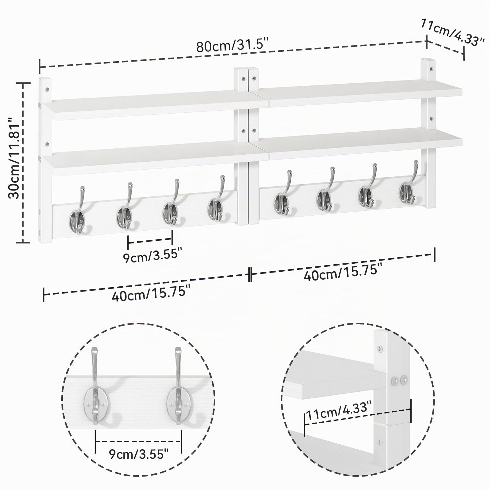 YMYNY Perchero Pared con 2 Estante, Blanco, HWS009W-2