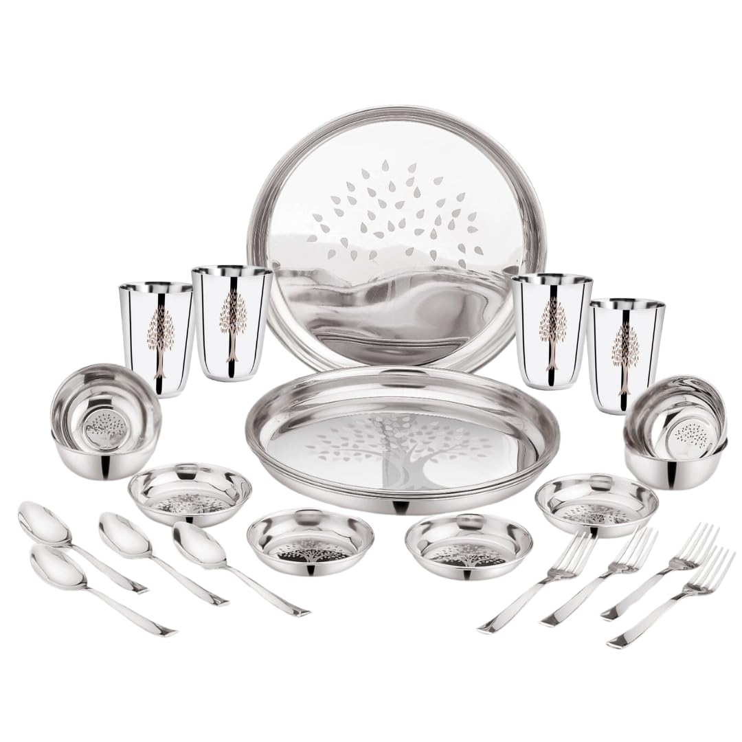61Y2Ss7HUmL SL1080 ESTOILE 24-Pcs Tree Design Stainless Steel Dinner Set for 4 | Includes 4 Plates, 4 Bowls, 4 Halwa Plates, 4 Glasses, 4 Spoons & 4 Forks | Durable Steel Kitchen Utensils Set for Home & Wedding Gift