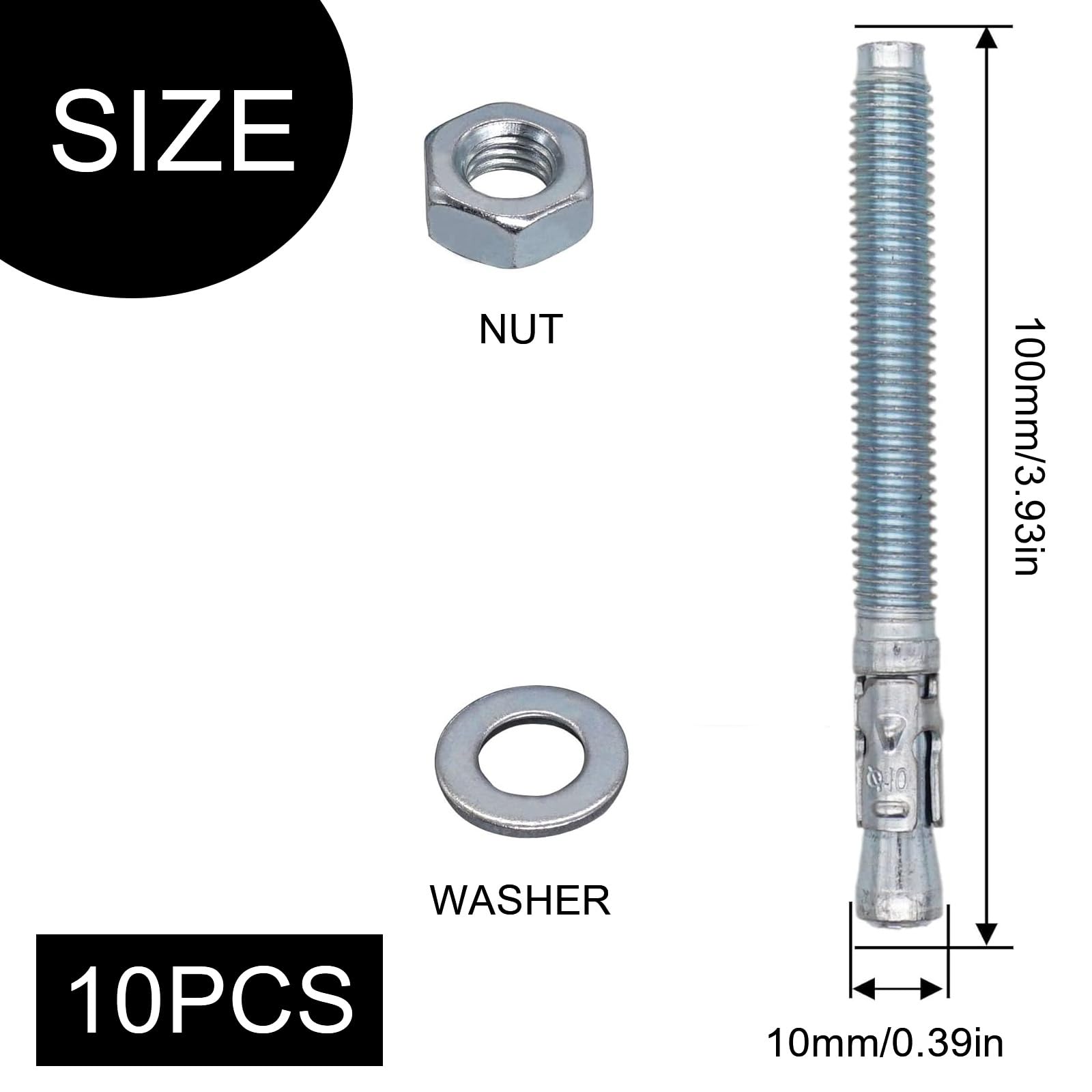 8 Bulloni Di Espansione In Acciaio Inox M12x110mm - Per Calcestruzzo E Pietra, Con Dado E Rondella