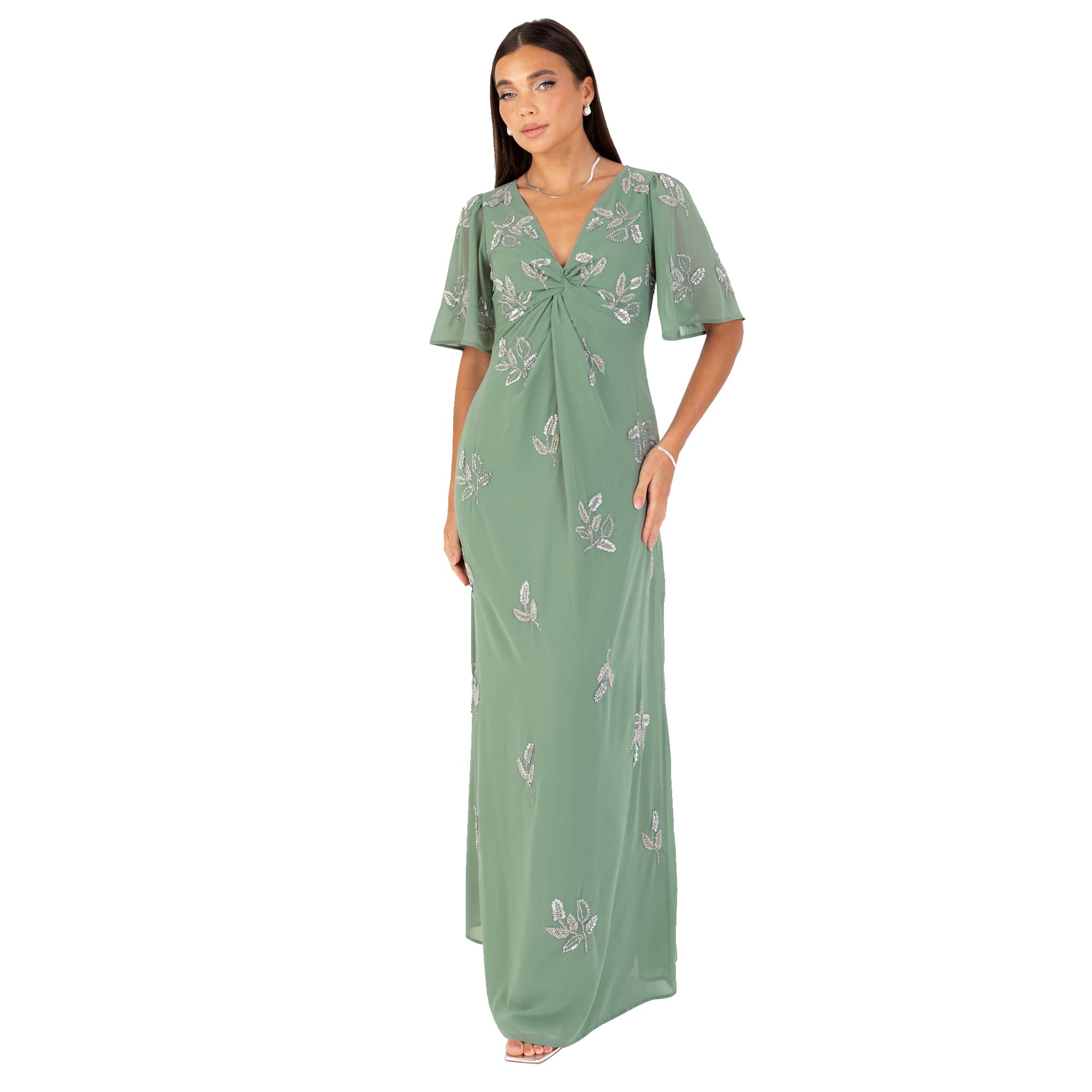 Women's Maxi Dress Ladies V-Neck Angel Sleeve Floral Bead Embellished Knot Front A-line Bridesmaid Wedding Guest Prom