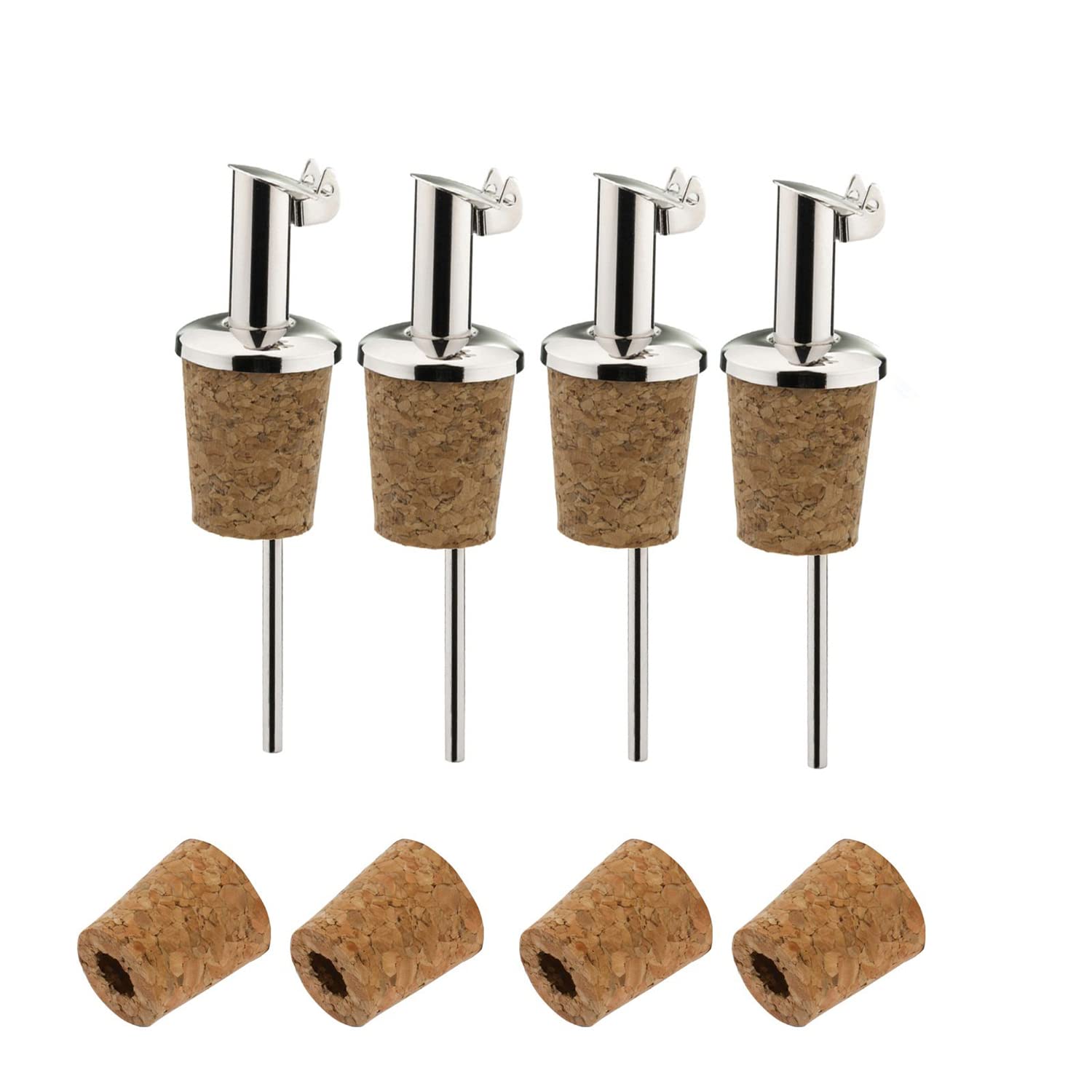 Westmark 4 Spirits/Oil Pourers + 4 Spare Corks, with Clips, with Air Vent, Short, Metal/Stainless Steel, Natural Cork, INOX Gastro, Silver, 457022E3
