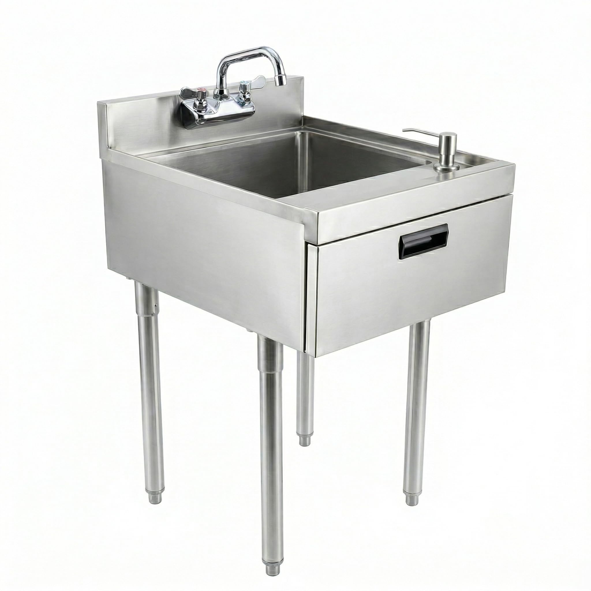 AmGood Underbar Hand Sink, Soap &amp; Towel Dispensers, 18 in. W x 22.5 in. D - NSF Commercial Stainless Steel Bar Hand Washing Sink with Legs, 16 in. x 14 in. Bowl, Backsplash Faucet &amp; Drain Basket