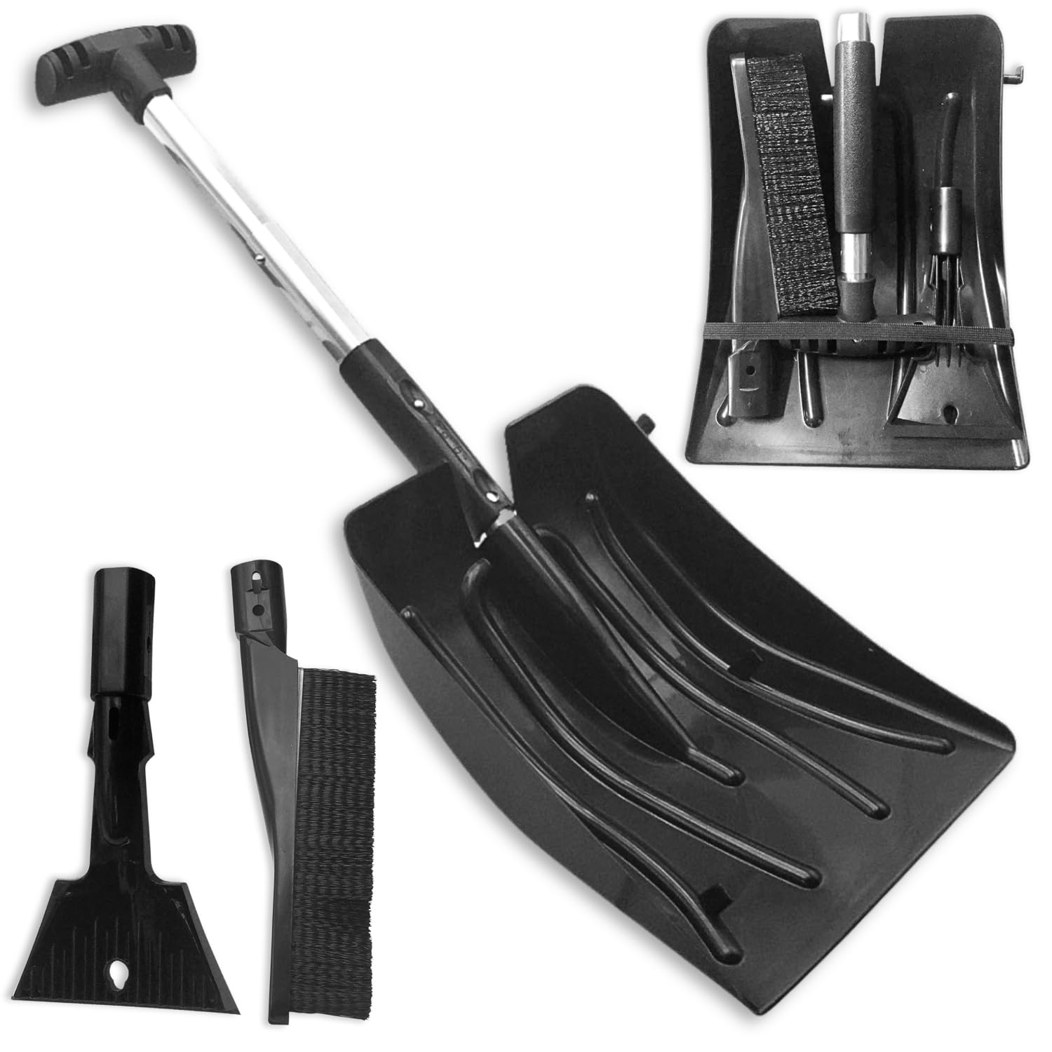 TERRE JARDIN - Pelle a Neige - Pelle à Neige Pliable, Multifonctions, avec Brosse et Grattoir - Pelle Déneigement Légère, Aluminium et Plastique - Pratique pour Voiture