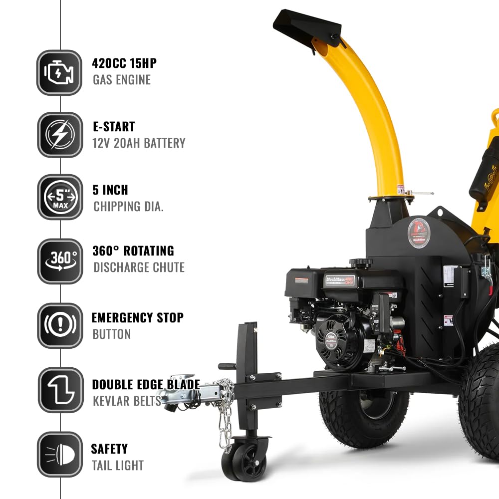 MechMaxx 5'' Inch E-Start 420cc 15hp Gas Powered Wood Chipper Shredder Mulcher with Tail Light, Towbar, Emergency Stop Button, Stop Bar, Model P4205 (Yellow) - Detailed View
