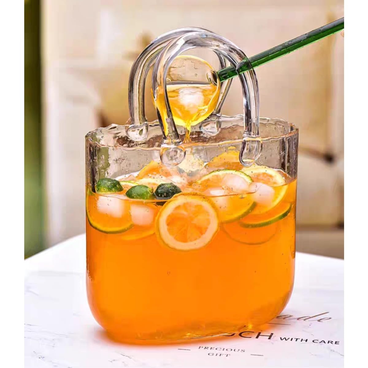 Set di brocche in vetro a forma di borsa con 6 tazze e cucchiaio, caraffa in vetro borosilicato per succhi, cocktail, fiori, decorazioni per feste e bar