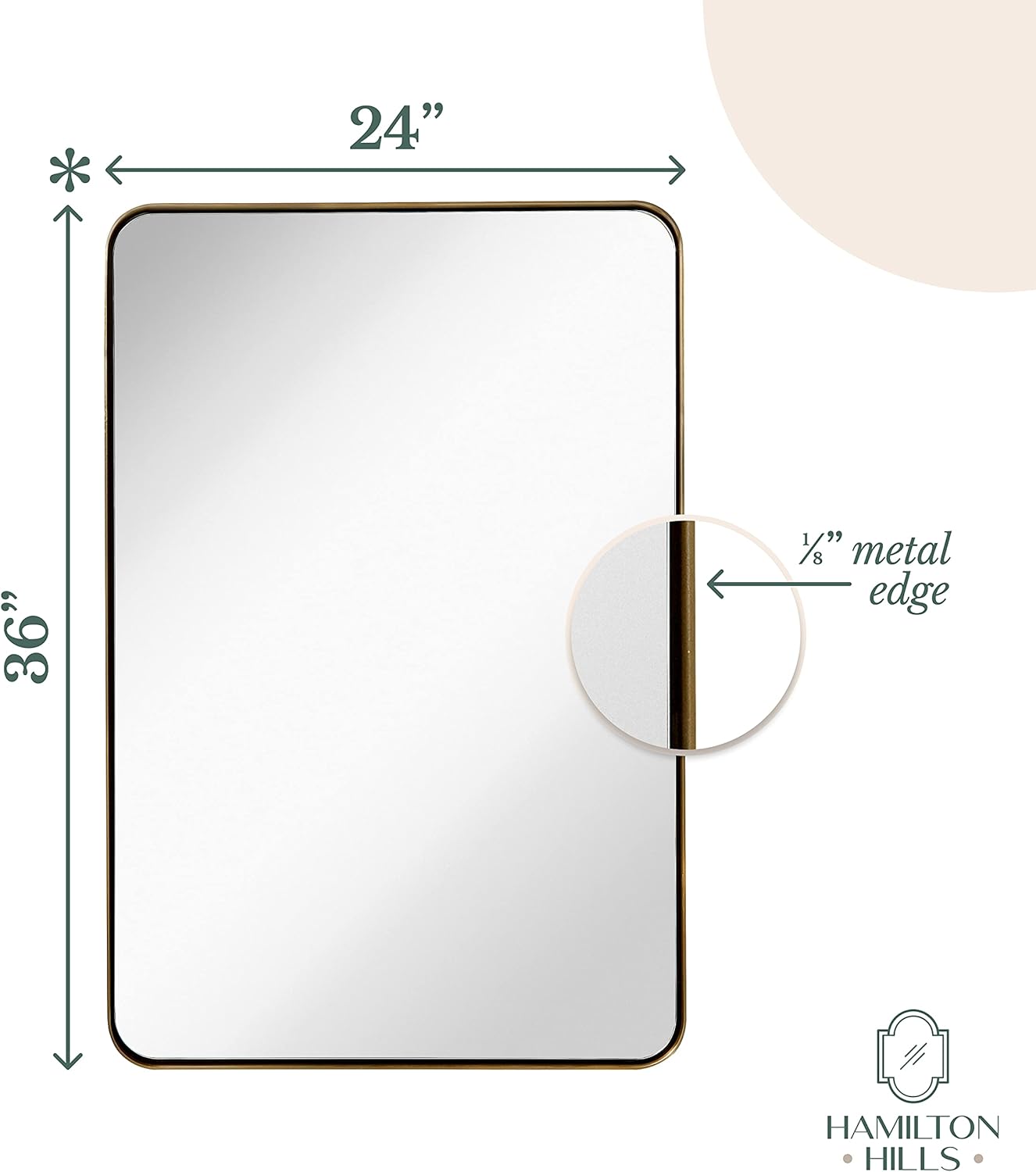 Hamilton Hills Contemporary Brushed Metal Wall Mirror | Glass Panel Gold Framed Rounded Corner Deep Set Design | Mirrored Rectangle Hangs Horizontal or Vertical (24" x 36") : Home & Kitchen