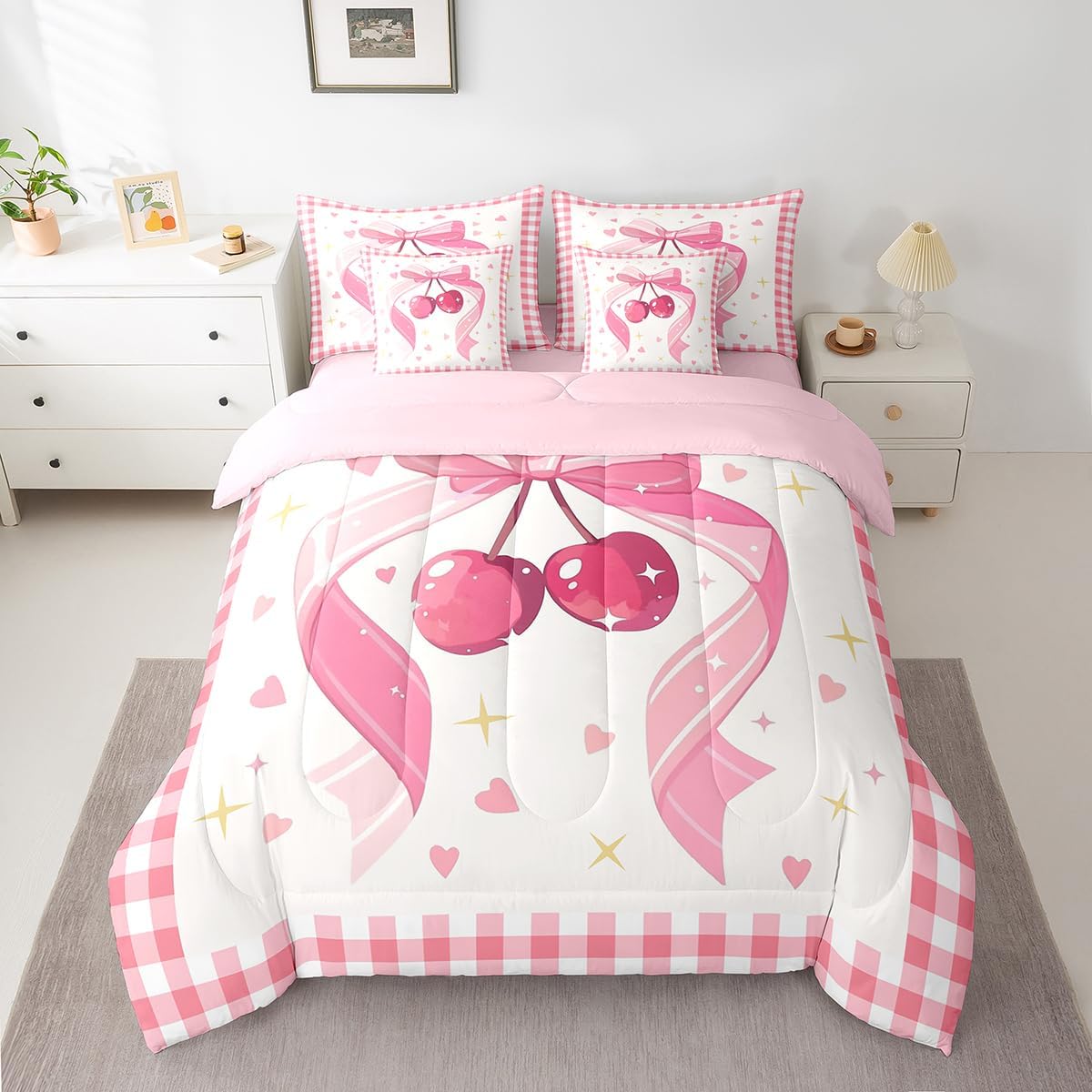 Feelyou Pink Cherry Comforter Set 7 Pieces Cherry Pattern Bed in a Bag Cute Bowknot Bow Cartoon Fruit Bedding Set Queen Size Bedroom Dreamy Princess Bed Set with Comforter, Sheet Set, Pillowcases