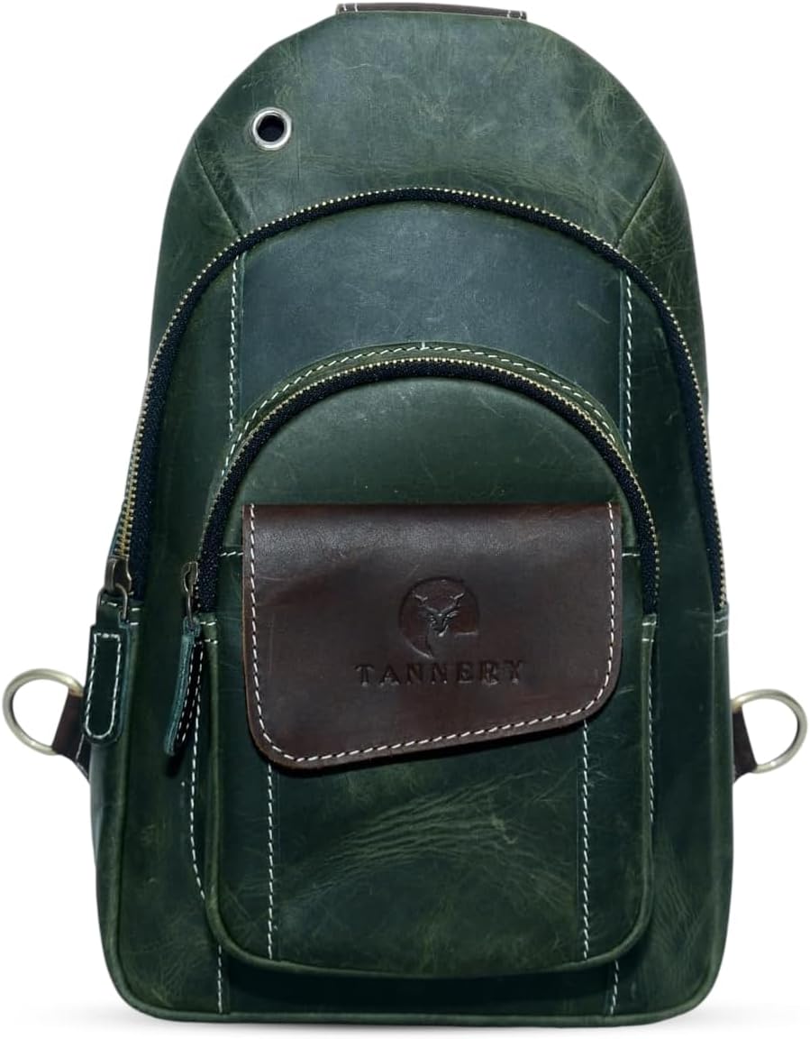 The Tannery Handmade Buffalo Leather Multipurpose Travel Hiking Crossbody Chest Backpack with Adjustable Shoulder Strap - Large