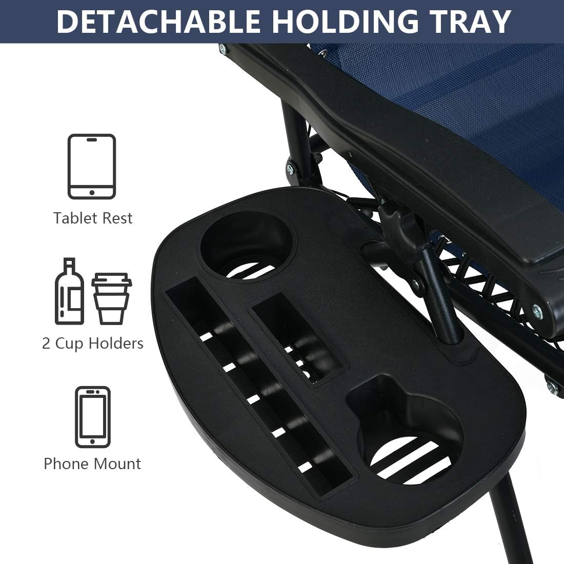 Patio Watcher Oversized Zero Gravity Chair Folding Recliner Chair with Cup Holder Accessory Tray and Removable Pillow for Outdoor Yard Porch Navy 1 Chair