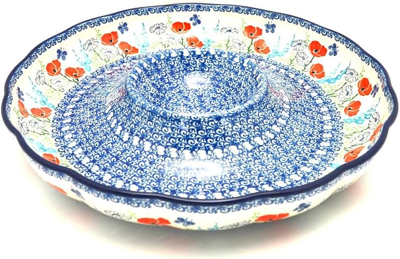Polish Pottery Dish - Vegetable and Dip - 12" - Red Poppy Garden