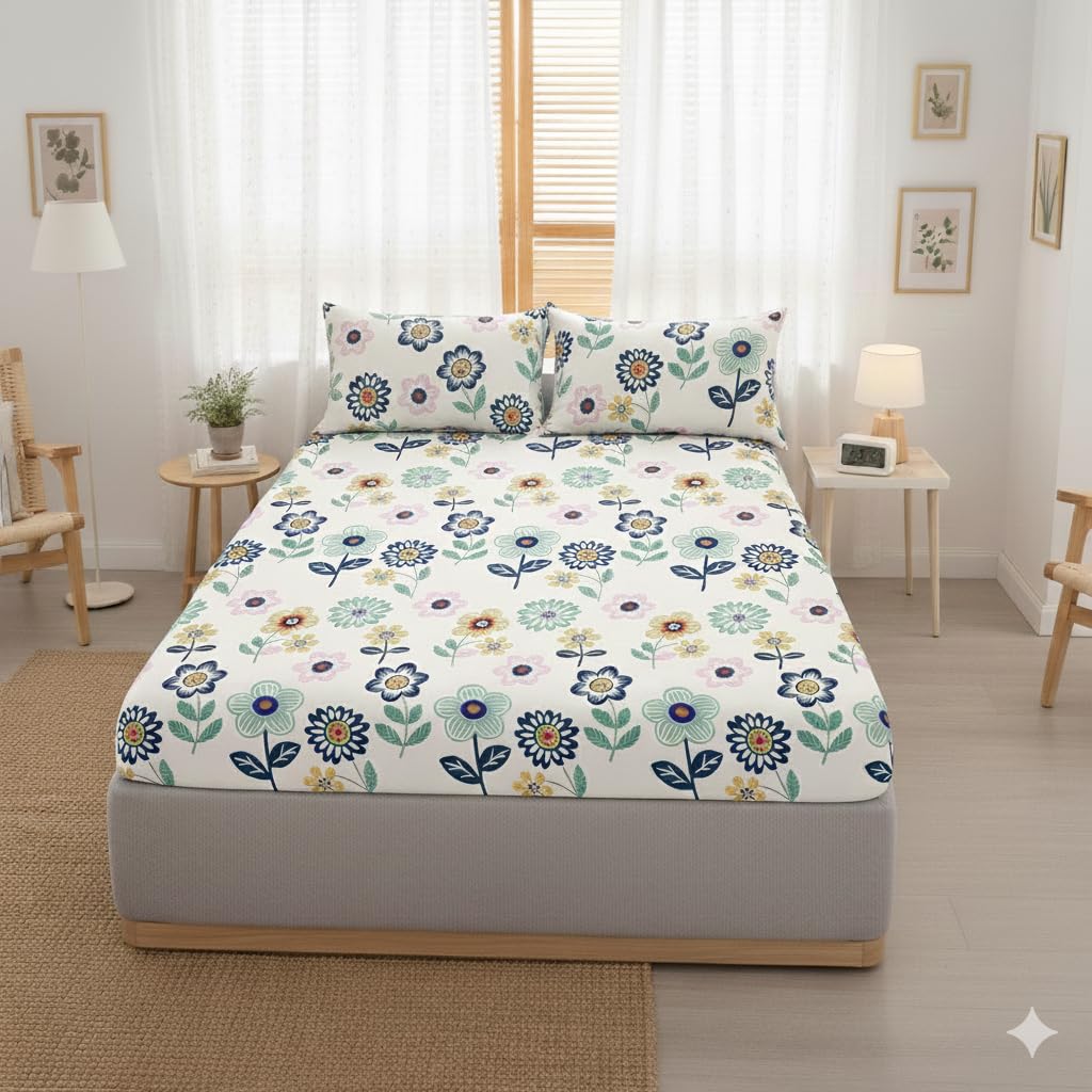 DECOMIZER Cotton Feel All Around Elastic Fitted Glace Printed Queen Size Double Bed Bedsheet with 2 Large Pillow Covers Fits Upto Mattress of 8 Inches,Size - 60 x 78 x 10 Inches,Blue Sunflower,300 TC