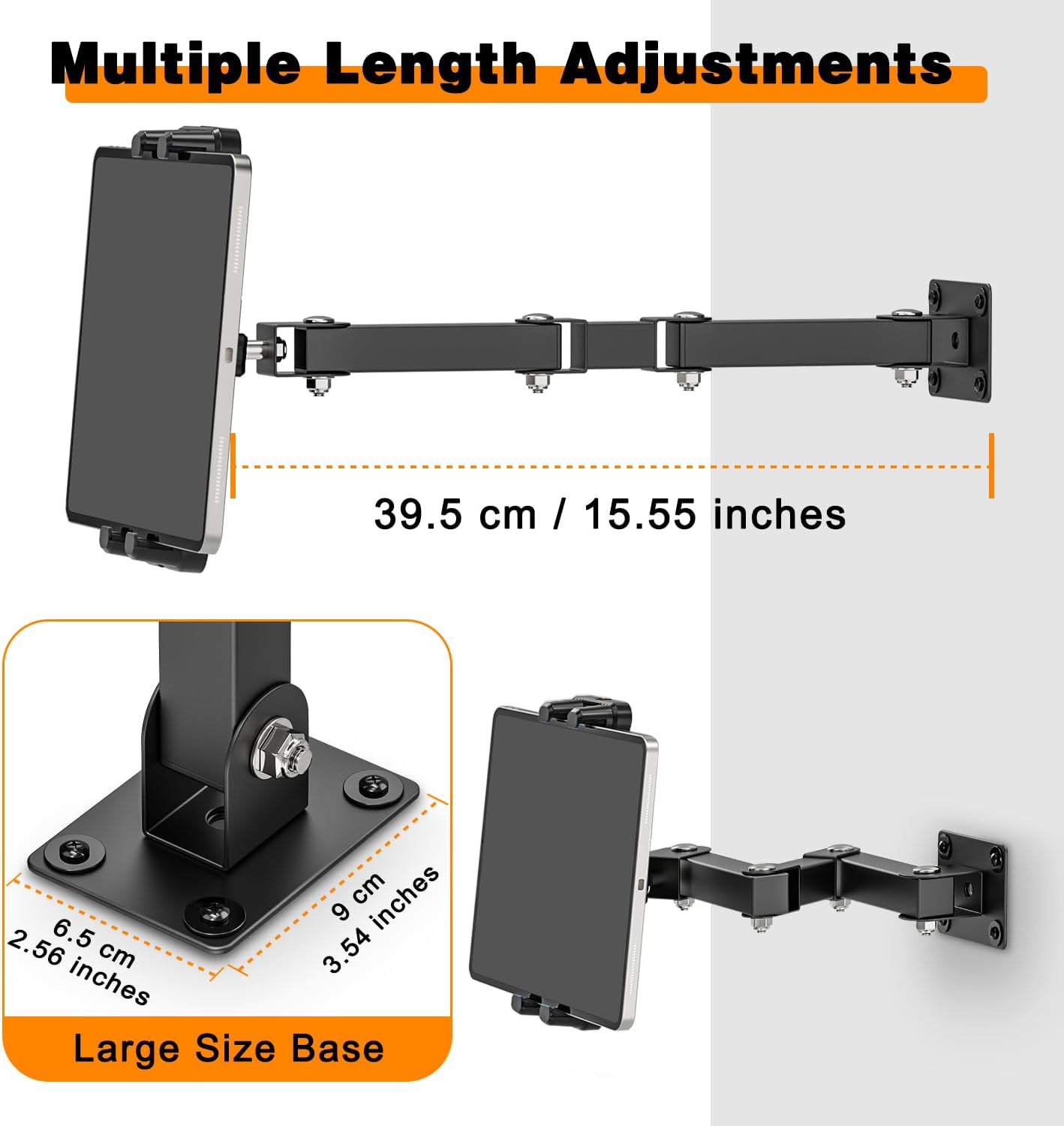 Diagram illustrating multiple length adjustments of the tablet mount arm, extending up to 15.55 inches, and showing the large size base dimensions.