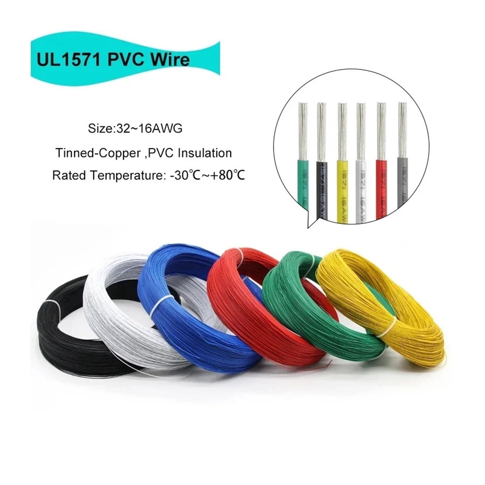 Cable Electrónico UL1571 De 5/10/30M, 16AWG, Cobre Estañado con Aislamiento Ambiental PVC(Black,30m16AWG)