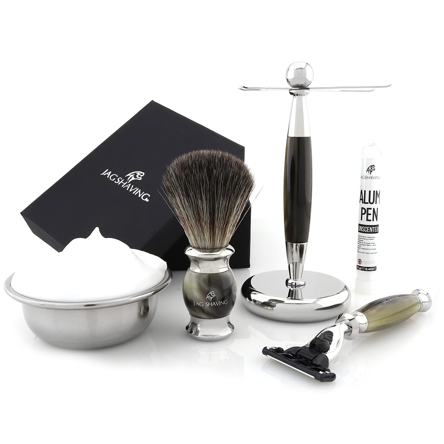 Jag Shaving zestaw do golenia - 4-częściowy zestaw do golenia - Jag's Lee Range - włosie syntetyczne - 3 ostrza do golenia - stojak do golenia - kolor zielony hornimitacja