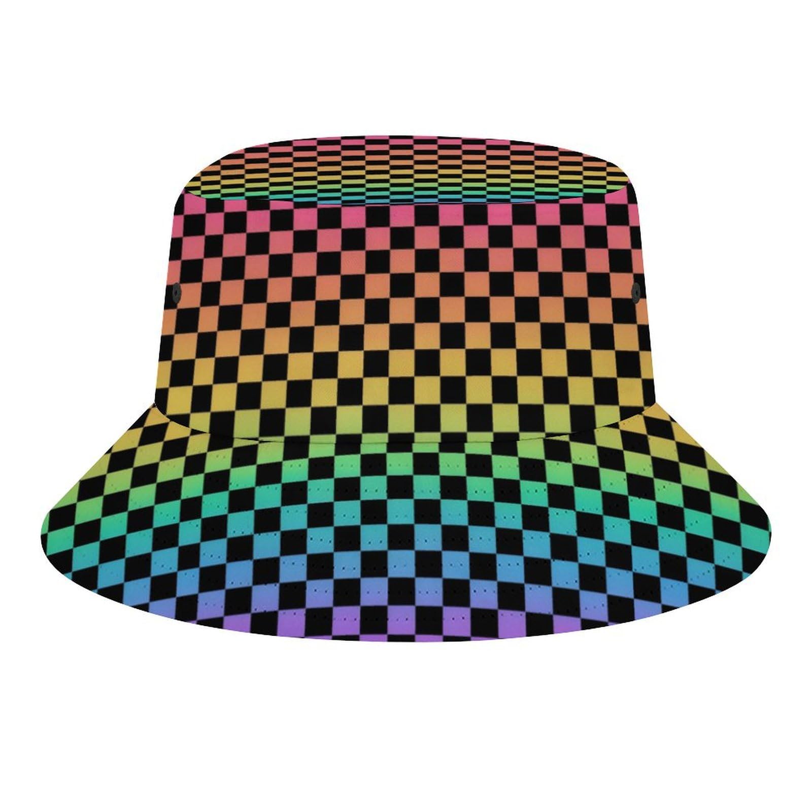 Fabretto Rainbow Checkerboard Bucket Hat for Women Men Packable Fisherman Hat Sun Cap Travel Outdoor Beach Caps