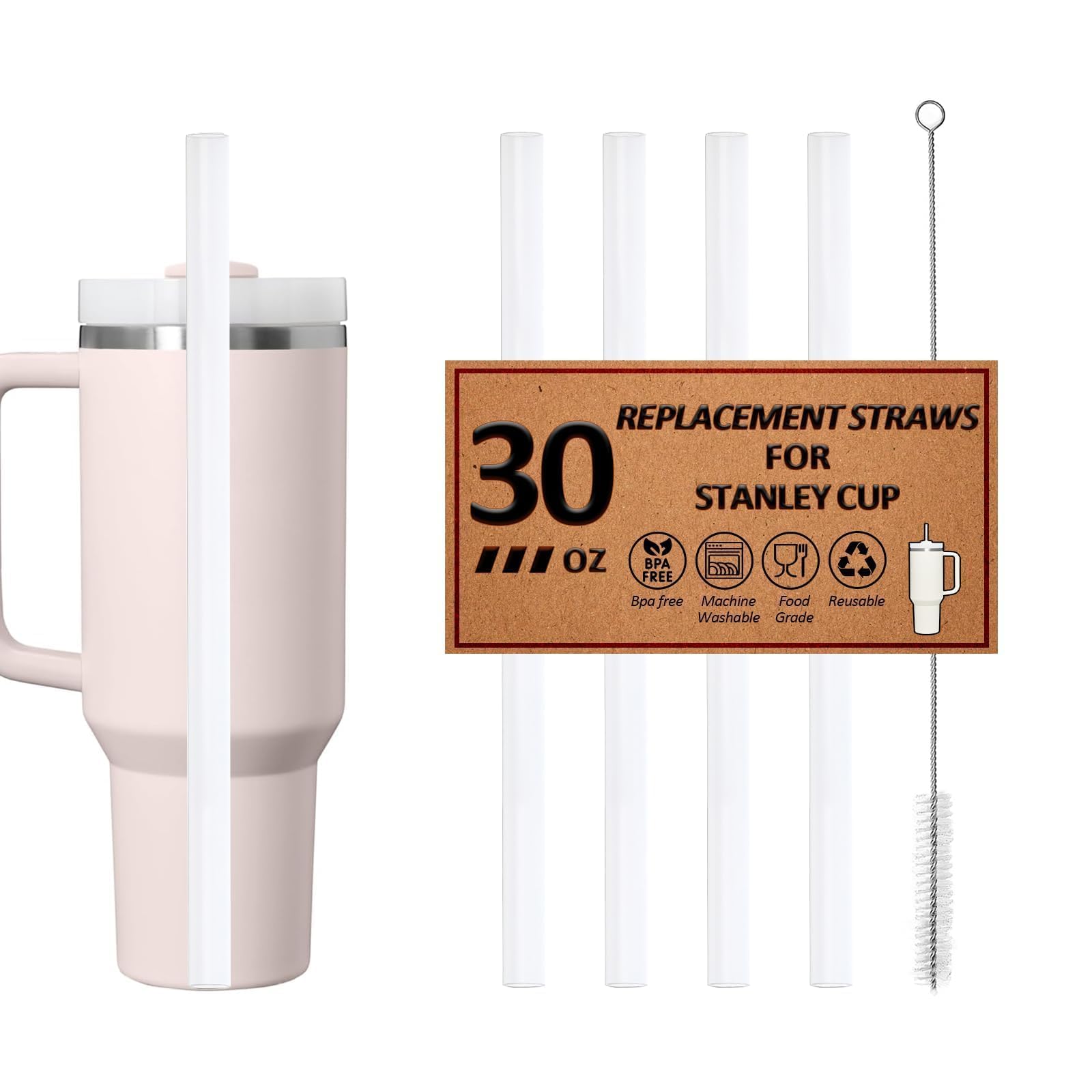 Reusable Straws for Stanley Cup 14/20oz | 30oz | 40oz, Replacement Long Straw with 1 Brush for Stanley Cup Accessories，Food Grade & BPA Free, Machine washable（4 pack，30oz, Transparent White）