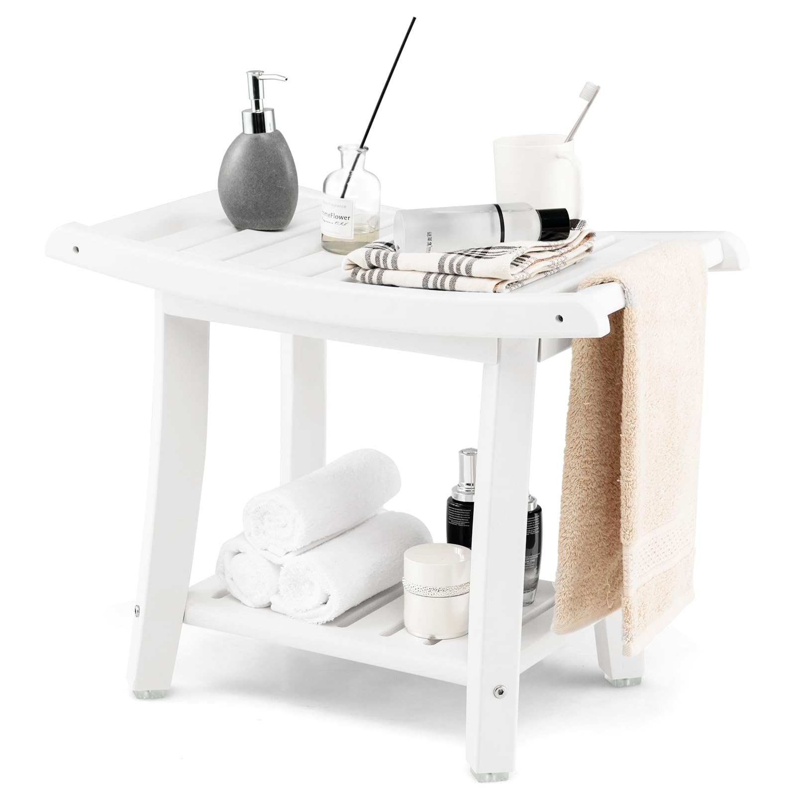 Giantex Shower Chair, Waterproof HDPE Shower Seat with Storage Shelf, Handles & Non-Slip Foot Pads, 2-Tier Shower Stool for Inside Shower, Plastic Shower Bench for Bathtub Seniors Adults Disabled