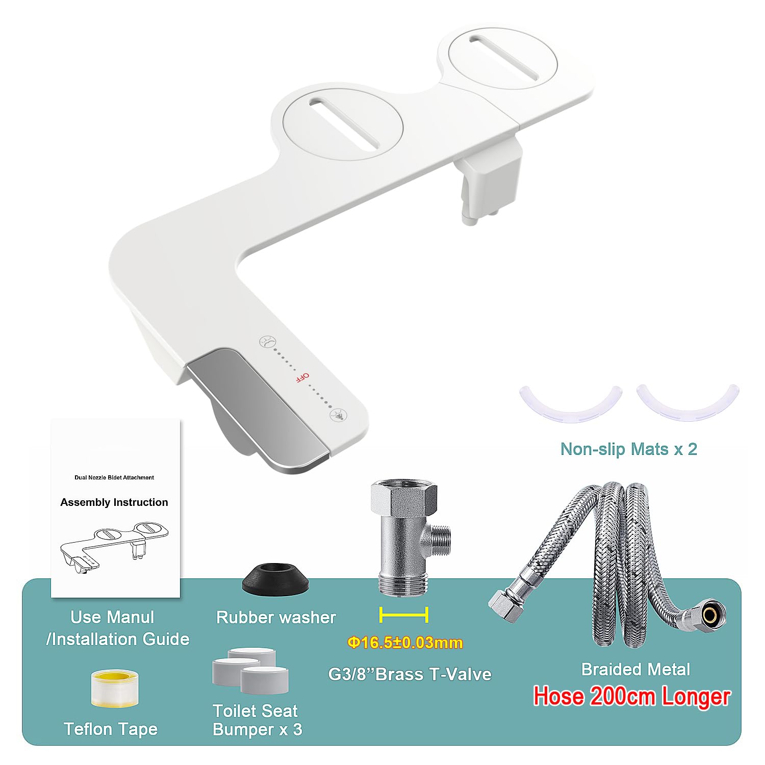Bidet-Aufsatz für Toilette – nicht elektrischer Kaltwasser-Bidet-Toilettenaufsatz, einstellbarer Wasserdruck, Doppeldüsen, Frontspülung, Rückspülung, Bidet mit Messingeinlass (Mit 2m Schlauch)