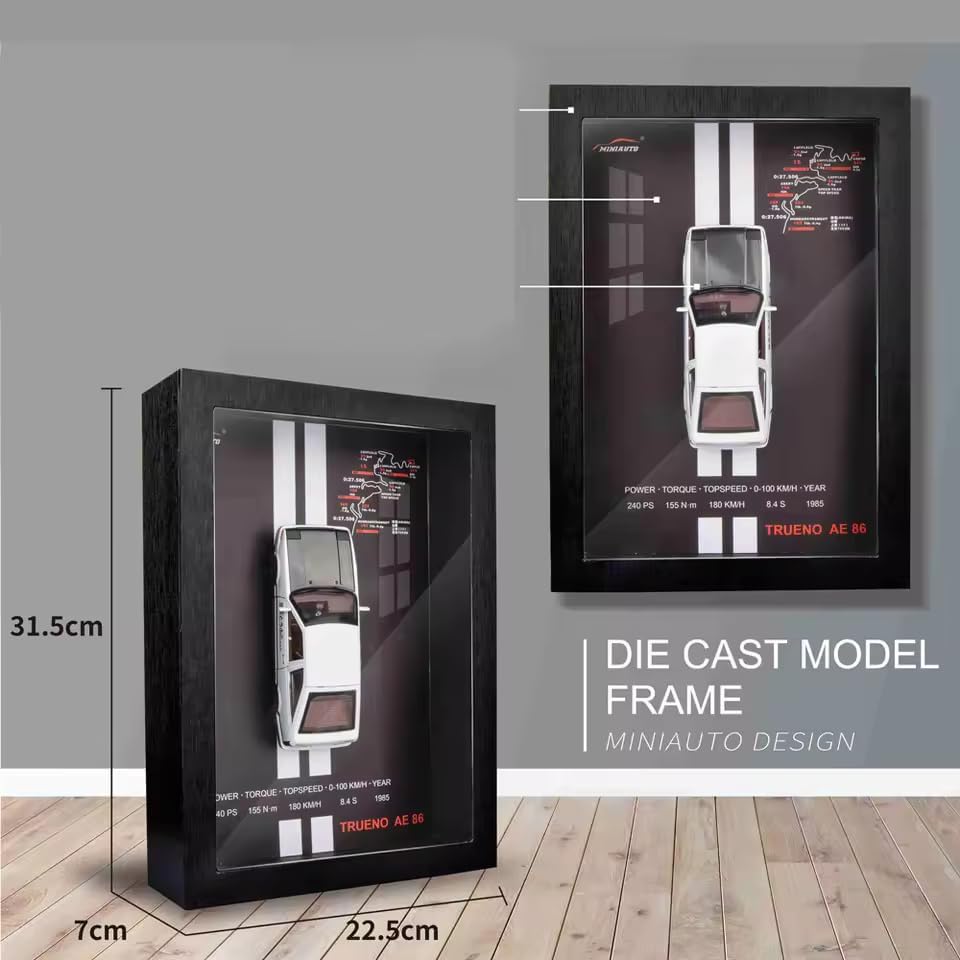 Image of WORSHIPER 3D Car Frame Wall Art Wooden Hanging Painting Frame with Removable Die-Cast Cars, Lights & Sounds Pull-Back Action & Opening Doors Collectible Display for Car Decoration (1:32 Trueno AE 86)