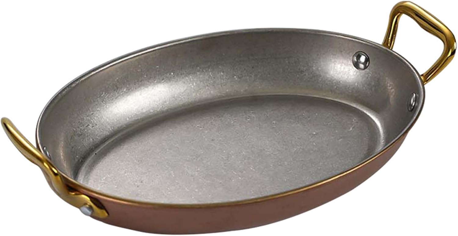 Oval Spanish Paella Pan, 304 Stainless Steel Skillet Pan with Dual Handles, Non-Stick Dinner Server Pan Seafood Paella Pan Cookware for Home Restaurant or Camping,Gold,24cm/9.4inch