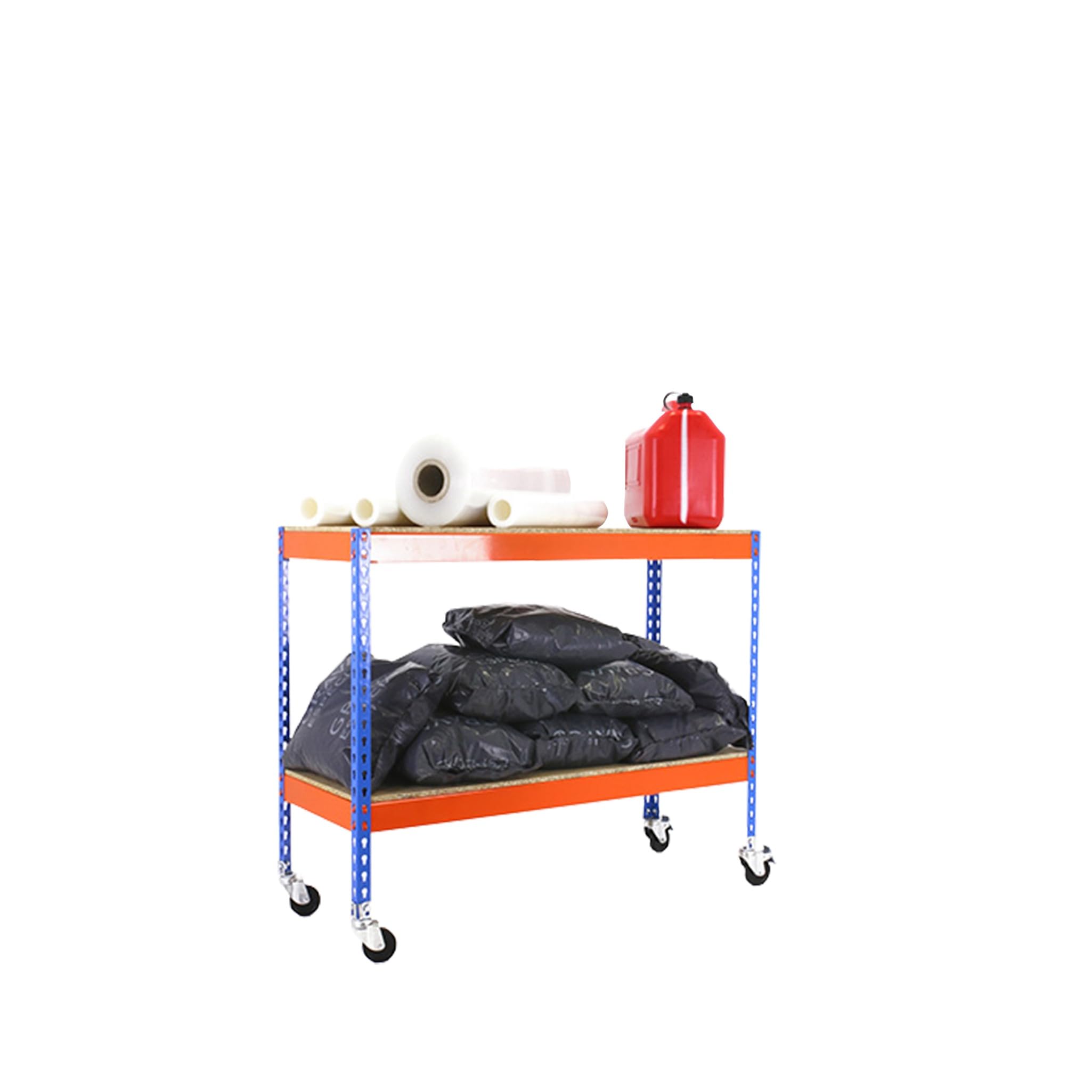 Simon Rack Étagère Charge Lourde avec Roues 975x1200x600 mm, 2 Niveaux Bois, 75 kg par Niveau, Structure Acier, Bleu/Orange/Bois - Ecoforte