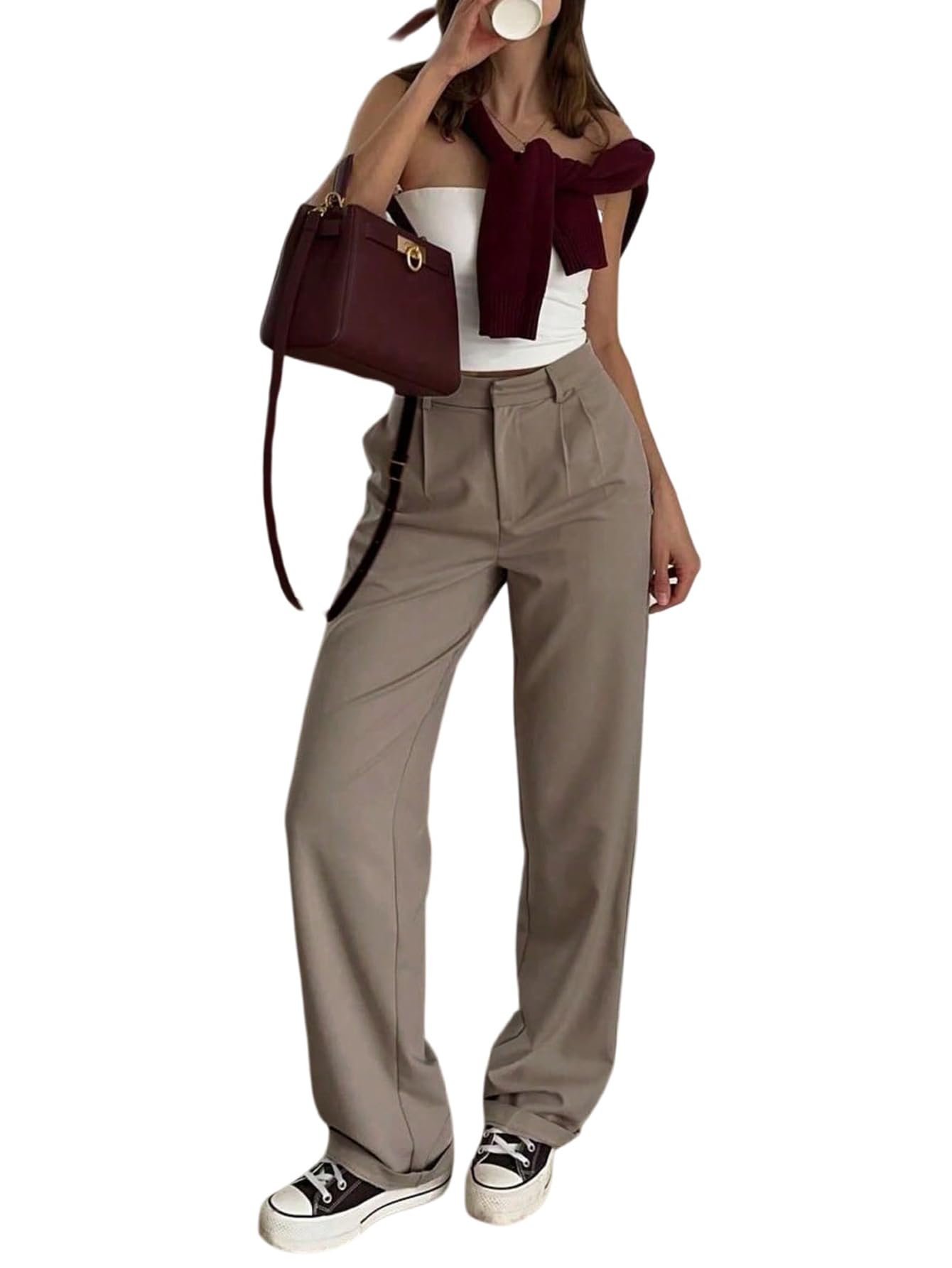 SweatyRocks Pantaloni in tessuto da donna, eleganti, larghi, con elastico, stile vecchio money, per il tempo libero, per l'autunno