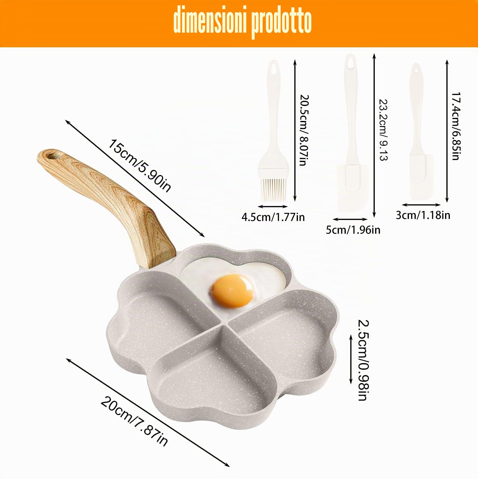 Stufa per uova a forma di cuore, a 4 fori, antiaderente, con 3 spatole in silicone, manico in legno, per pancake, frittelle, frittelle