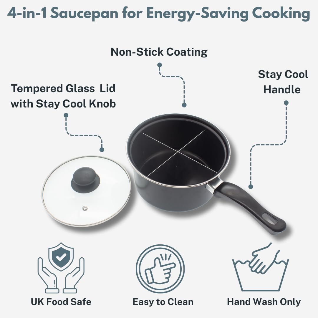 4-in-1 Divided Saucepan with Removable Divider, 2 Litre Non-Stick Pan, 20cm Diameter with Glass Lid, Multi-Section Cooking Pan - Image 5