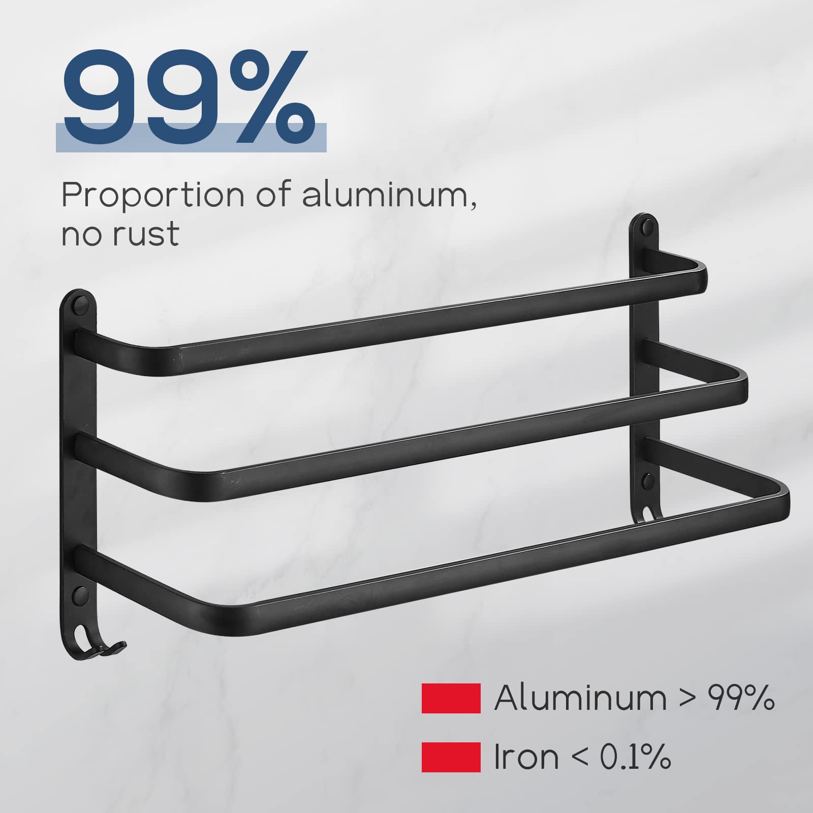 Toallero negro sin taladrar, toallero autoadhesivo de aluminio, toallero de pared de 3 pisos con ganchos, resistente al agua Rust toalla de baño para baño o cocina