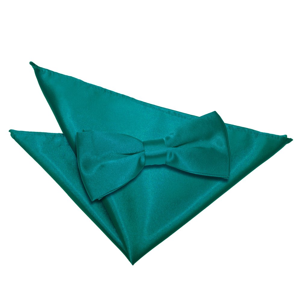 DQT Mens Plain Satin Pre-Tied Bow Tie & Pocket Square Set (2pc) - Wedding, Business & Formal - Teal