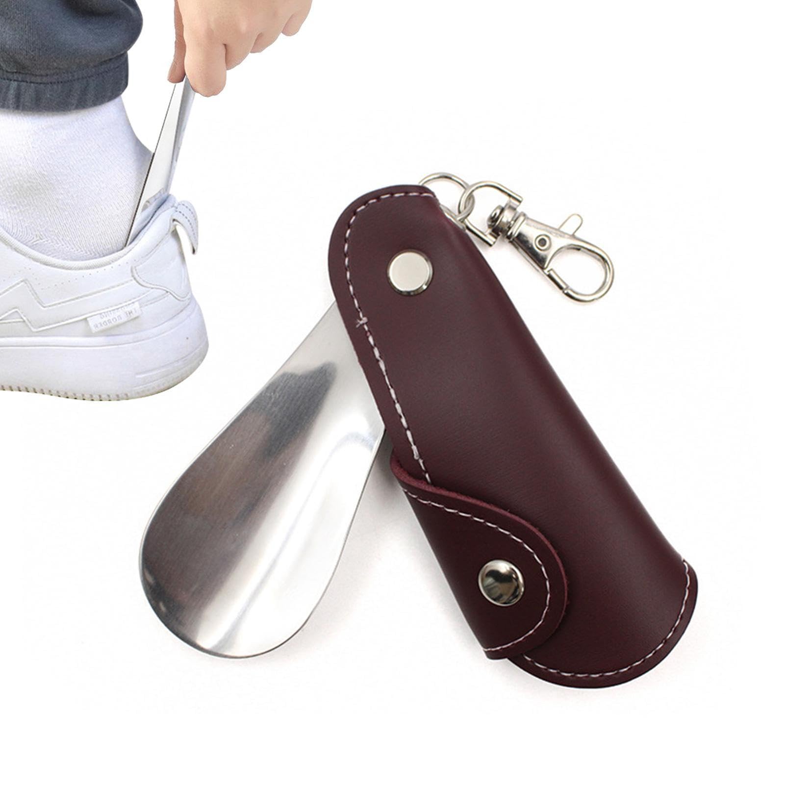 Pw Tools Men's Wine Red Shoe Horn Keychains, Stainless Steel Shoehorn With Pu Leather Case Keyring, Small Shoe Horn Lazy Shoe Helper, Shoe Horns For Wo The Elderly Kids