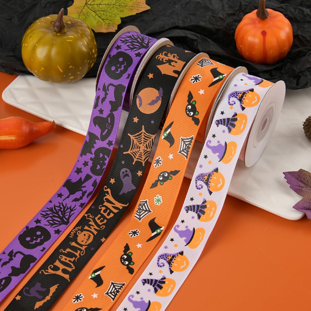 Halloween‑Satinband Set – 8 Rollen à 4,5 M, In Schwarz, Orange, Lila, Für Deko & Basteln