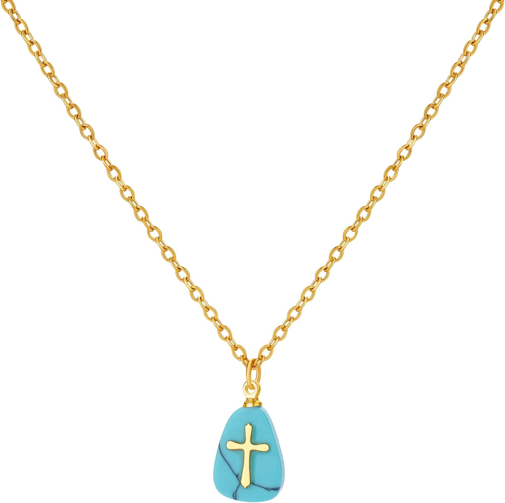 VAttract Stone Cross Necklace, Natural Stone Necklaces, Cross Pendant Necklace for Women, Gemstone Jewelry with Adjustable Chain Jewelry Gift for Girls
