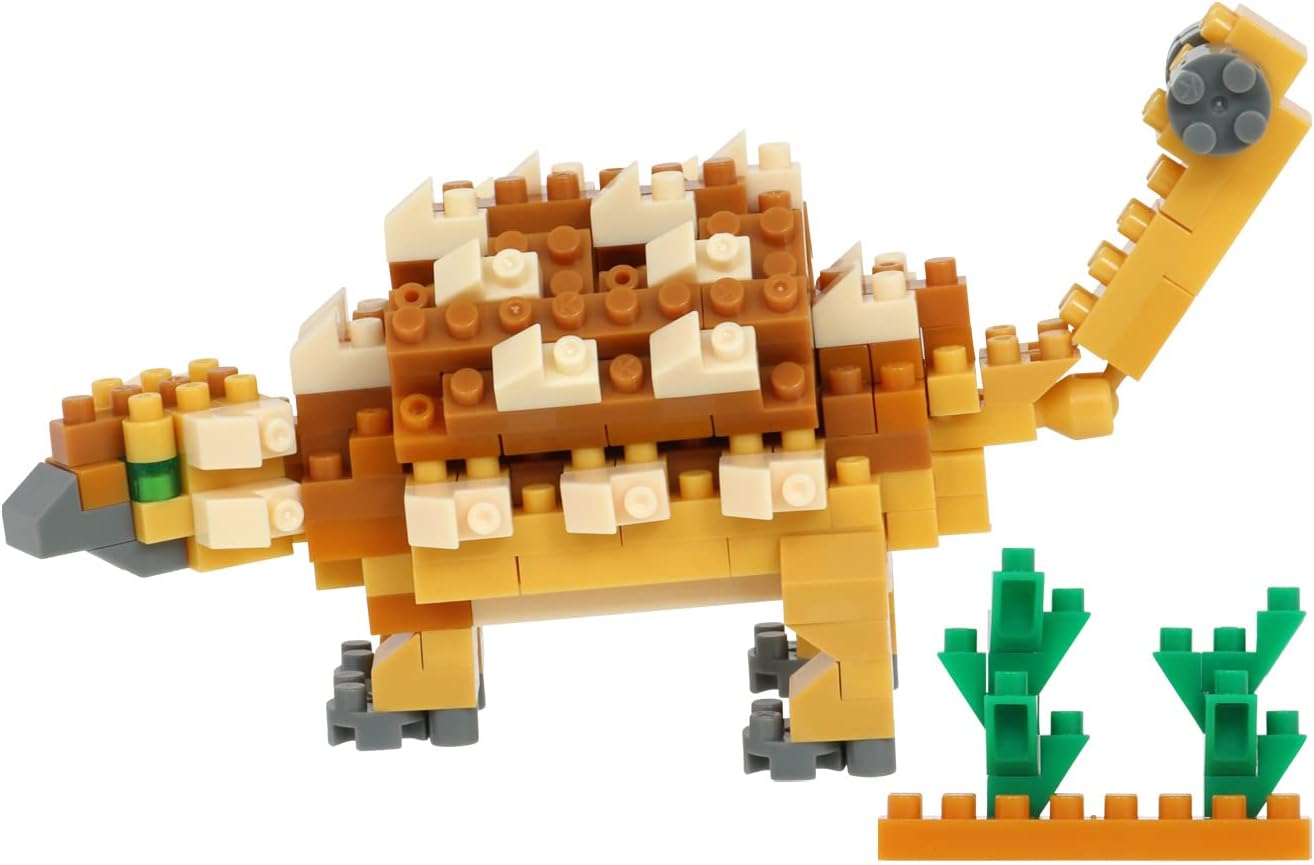 Assembled nanoblock Ankylosaurus model with small green plant accessories.