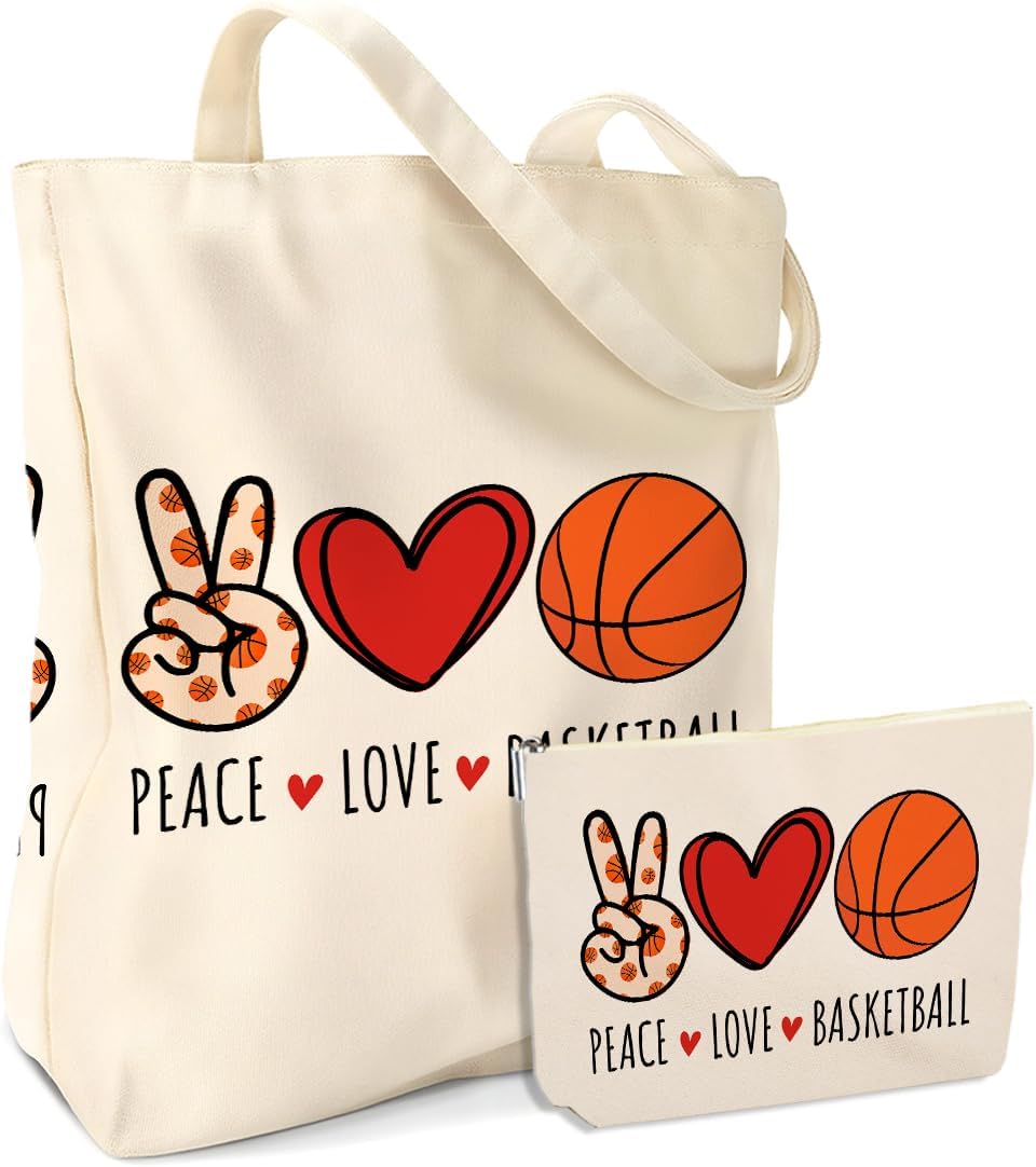 Peace Love Basketball Stuff,Basketball Gifts for Women Coach Teacher Mom Girl Bestie Sister Friendship Birthday Christmas 2PCS Cosmetic Bags Canvas Tote Bag Beach Bag with Pocket Makeup Bags