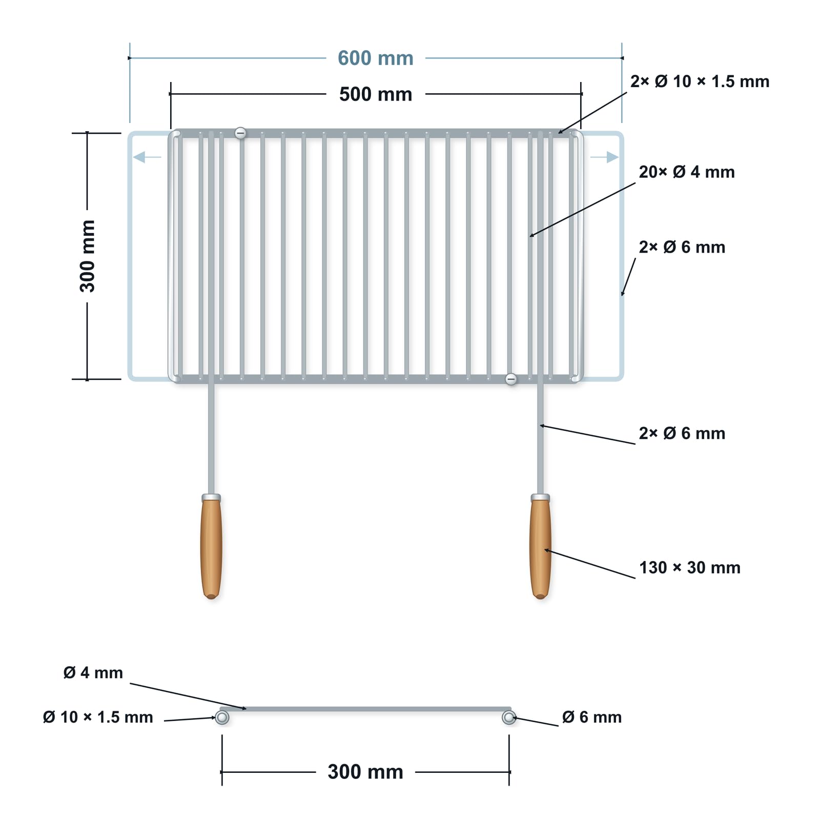 Griglia barbecue inox regolabile 50–60 × 30 cm con manici