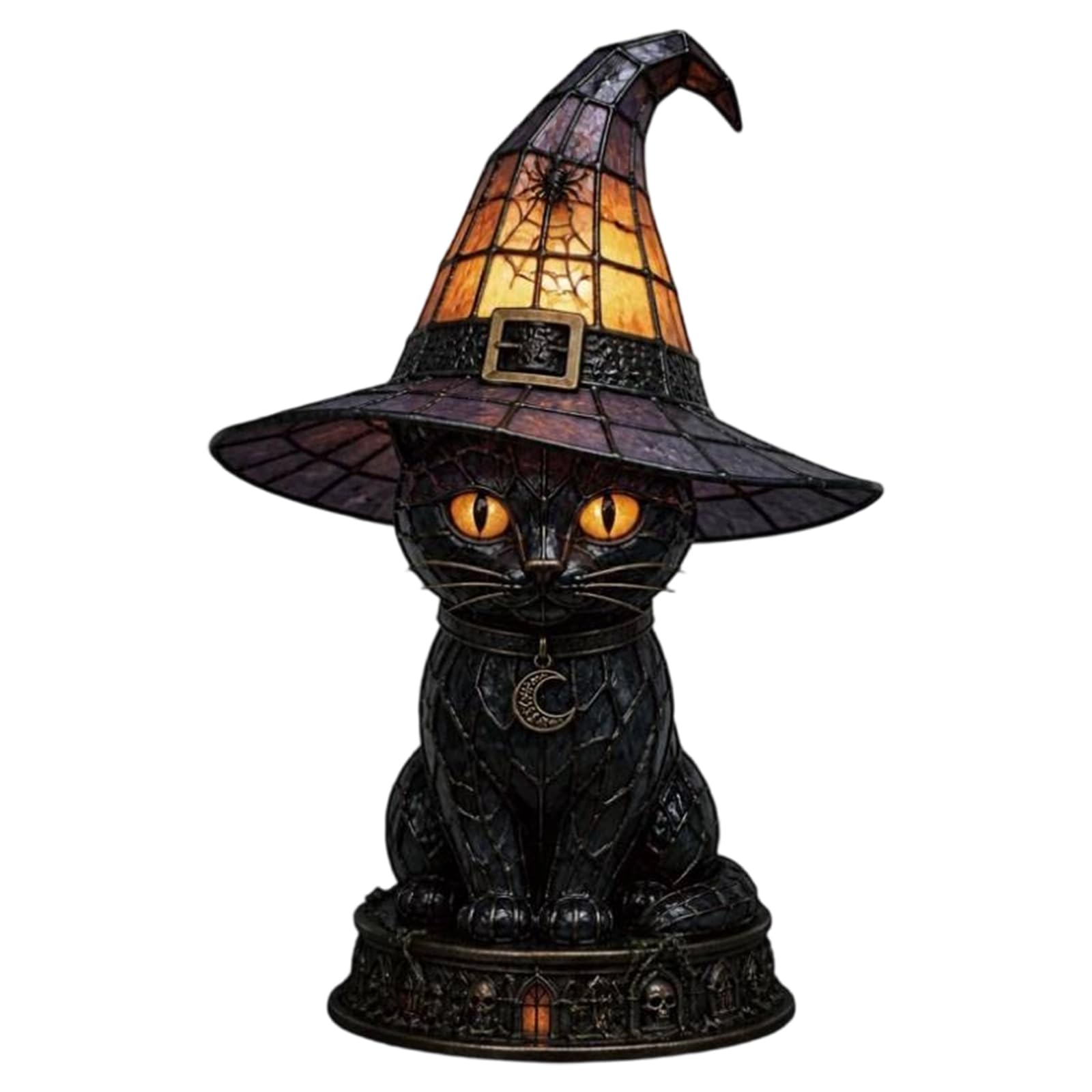 Stained Glass Witch Hat Lamp, Handcrafted Black Cat Witch Hat Night Light, Gothic Decor, Eye-Friendly Vintage Halloween Lamp, USB Powered, Retro Resin Accent Lamp for Bedroom, Bookshelf (30cm)
