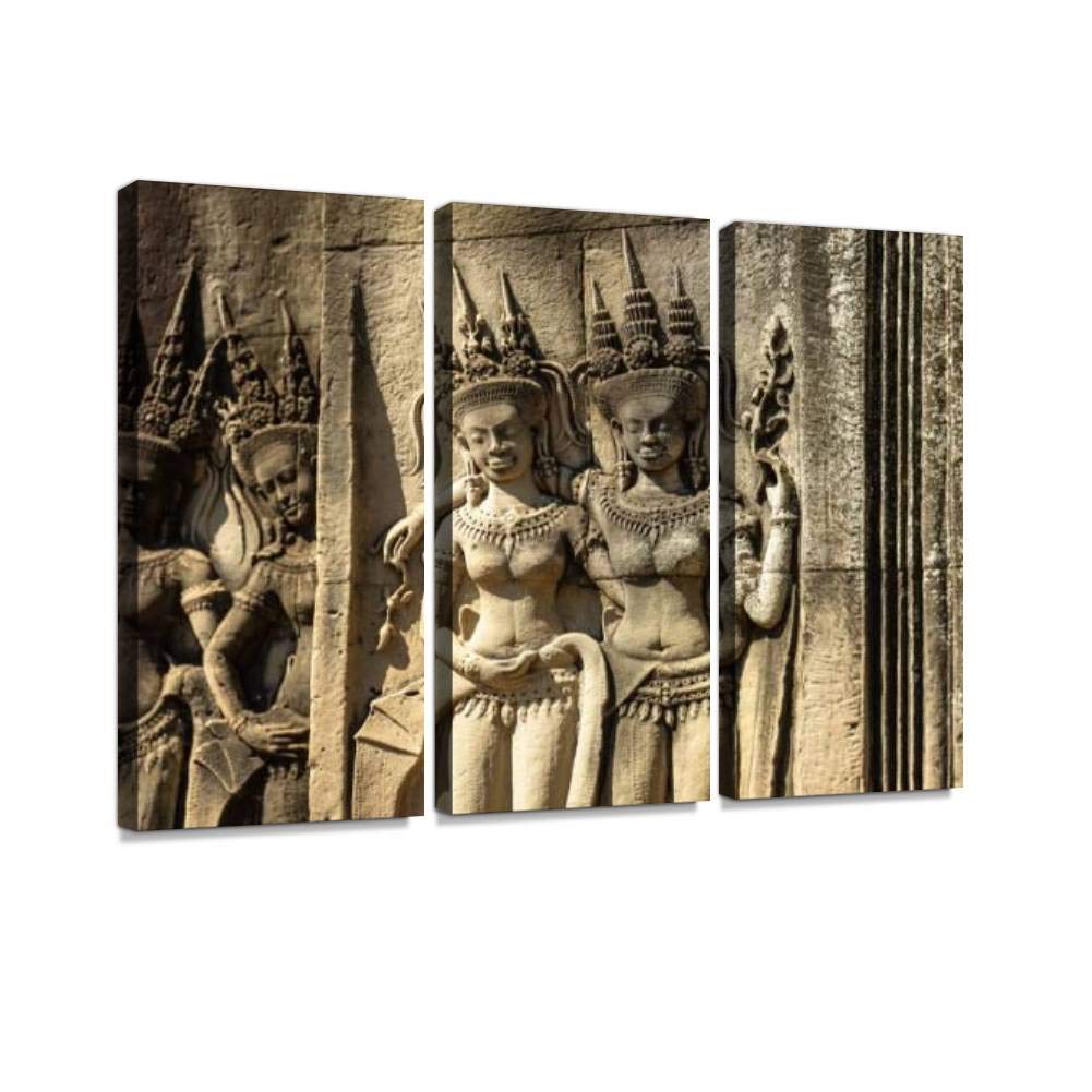 BELISIIS Angkor wat Temple Complex Ancient and Restored Decorative Elements Wall Artwork Exclusive Photography Vintage Paintings Print on Canvas Home Decor Wall Art 3 Panels Framed Ready to Hang