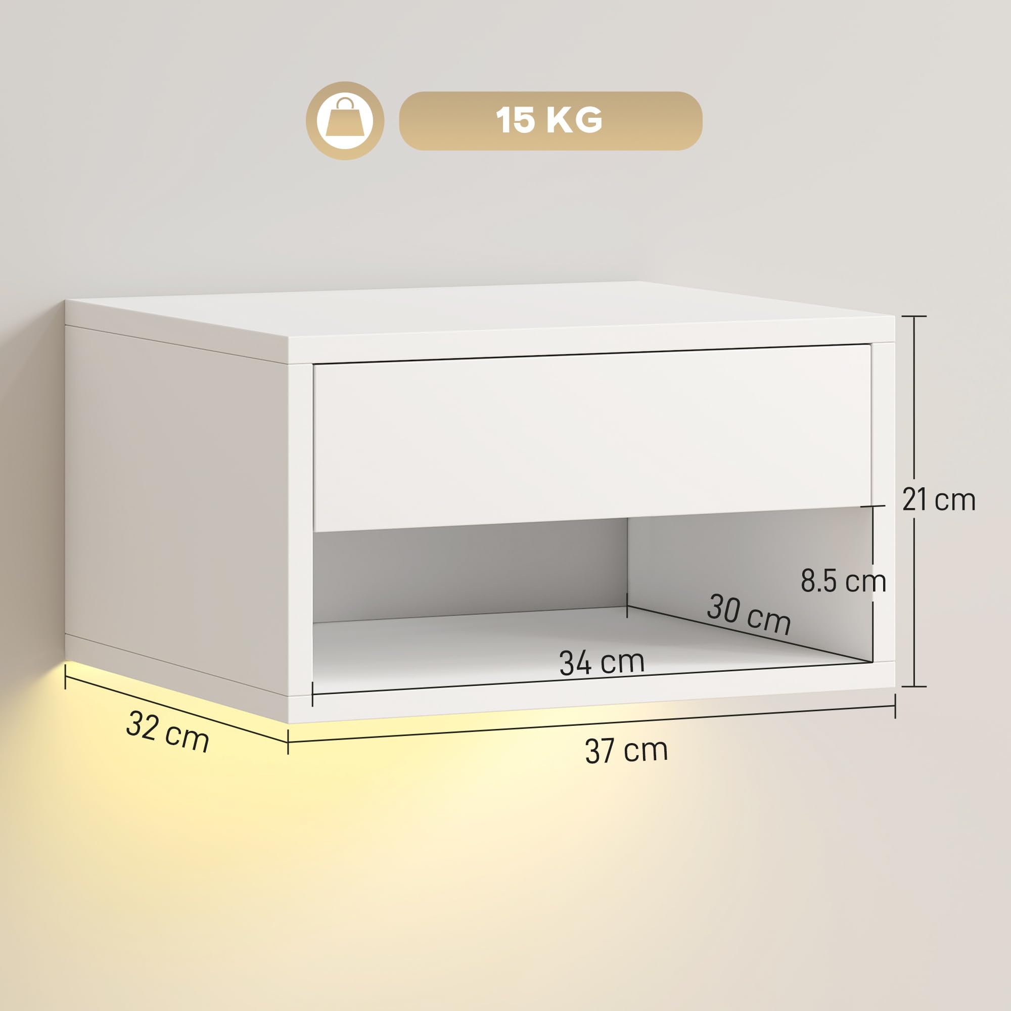 HOMCOM Set di 2 Comodini Camera da Letto Sospesi, Bianco | Coppia di Comodini Moderni, Luci LED RGB Integrate, Regolabili Tramite APP, Cassetto, Ripiano, 37x32x21 cm